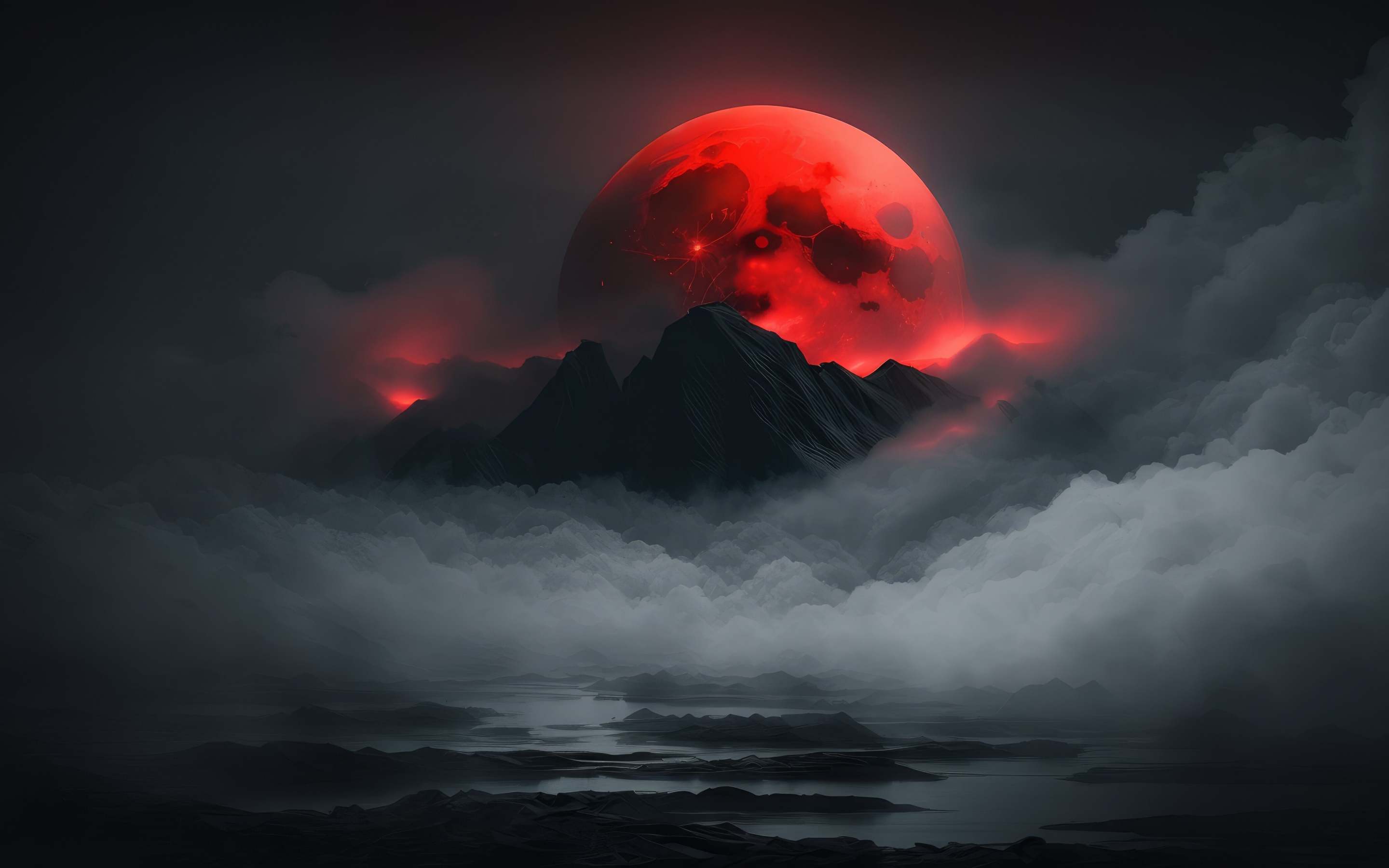 Red moon and dark mountains, art, 2880x1800 wallpaper