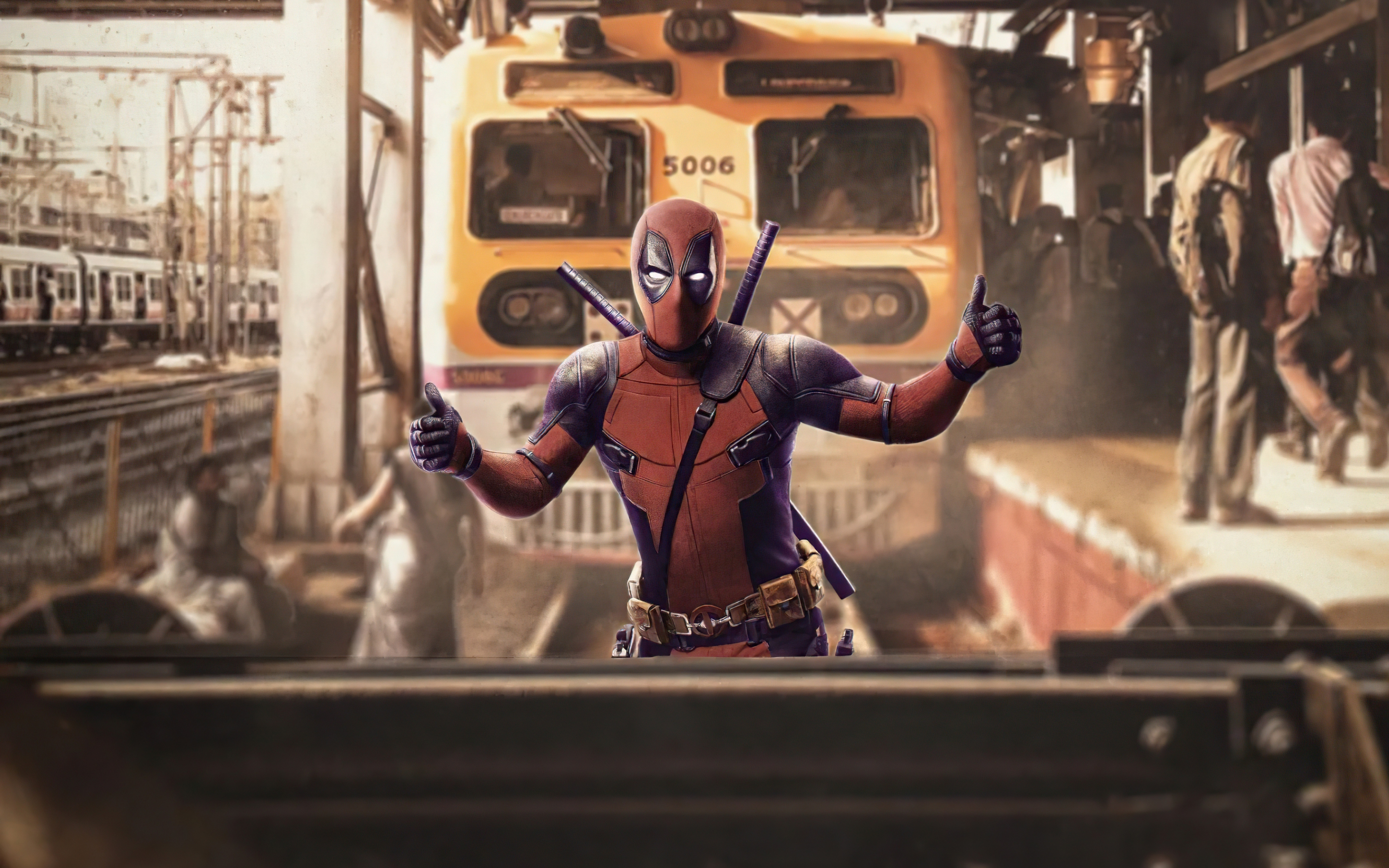 Deadpool at train station, funny superhero, 2880x1800 wallpaper