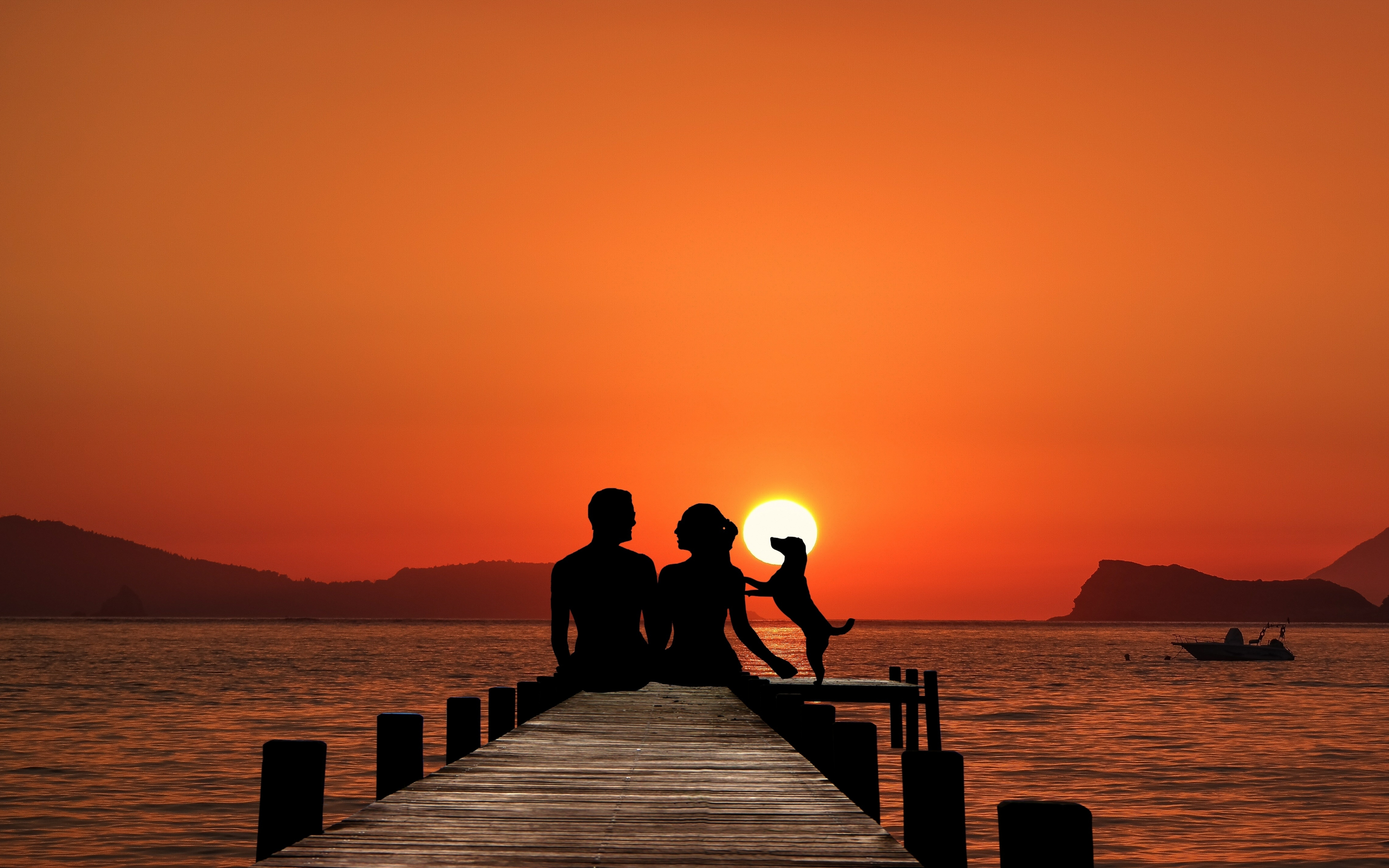 Couple, sunset, pier, silhouette, 2880x1800 wallpaper