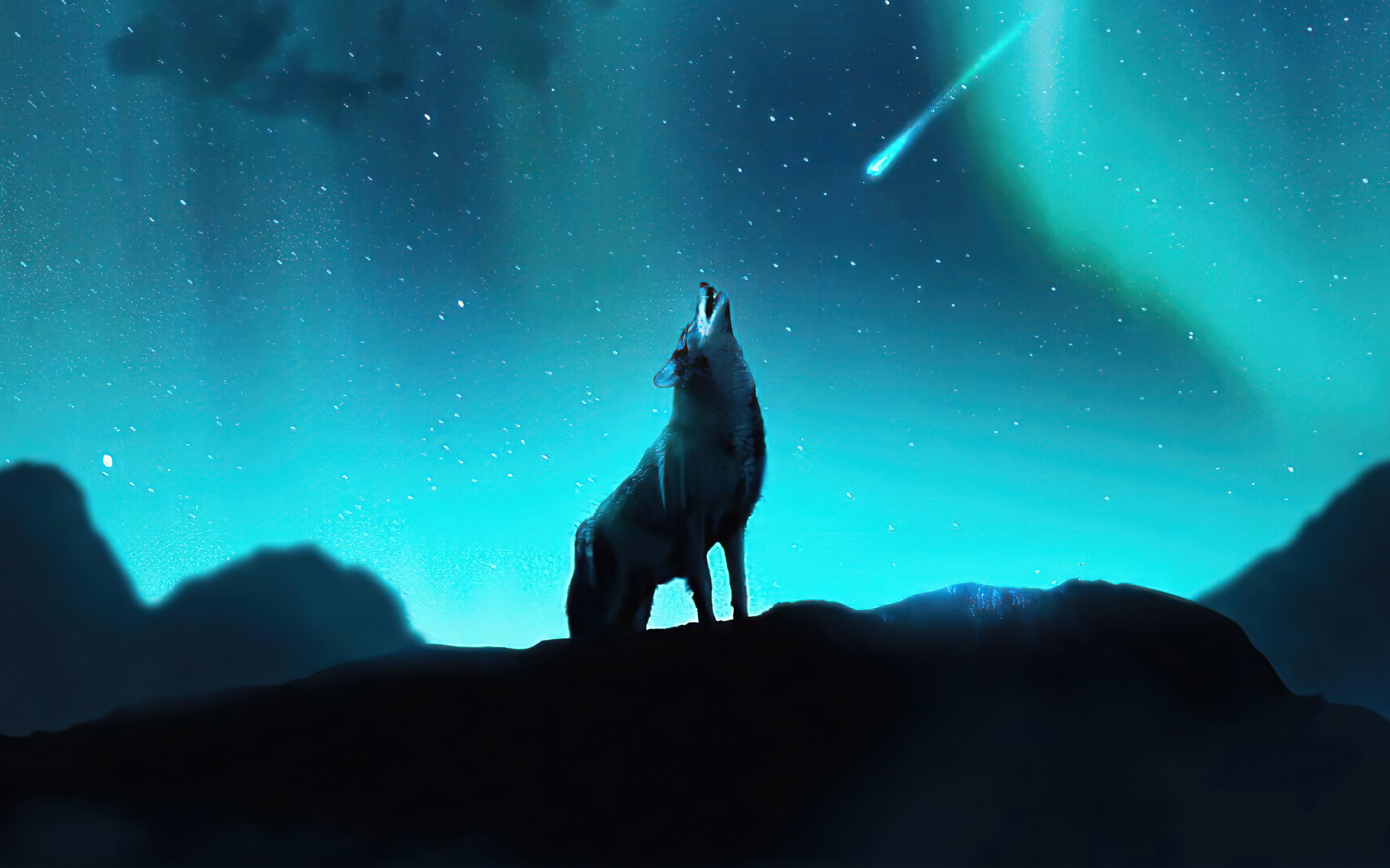 Fox howling, night, northern lights, stars, 2880x1800 wallpaper