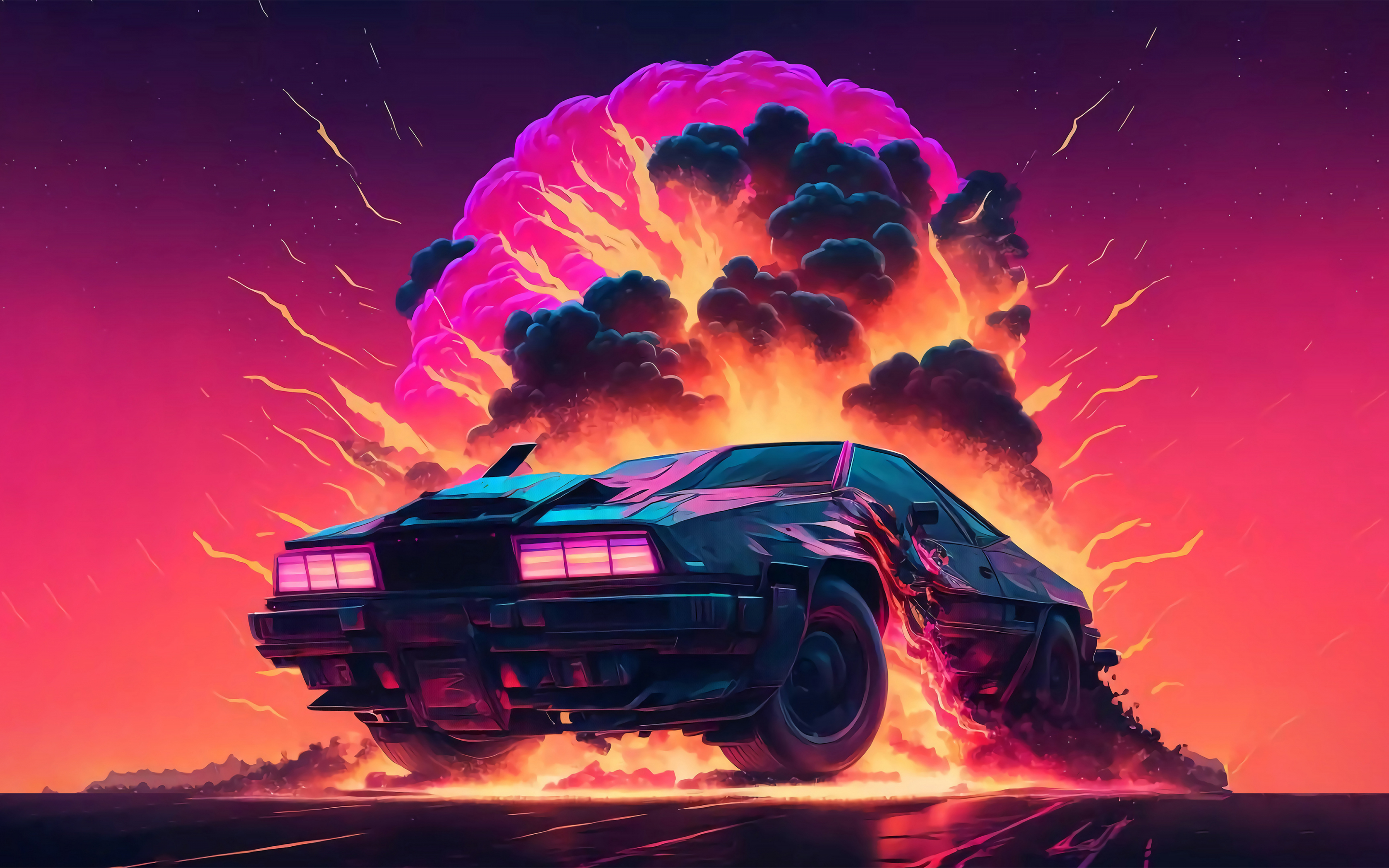 DeLorean car, Retrowave, car xplosion, art, 2880x1800 wallpaper