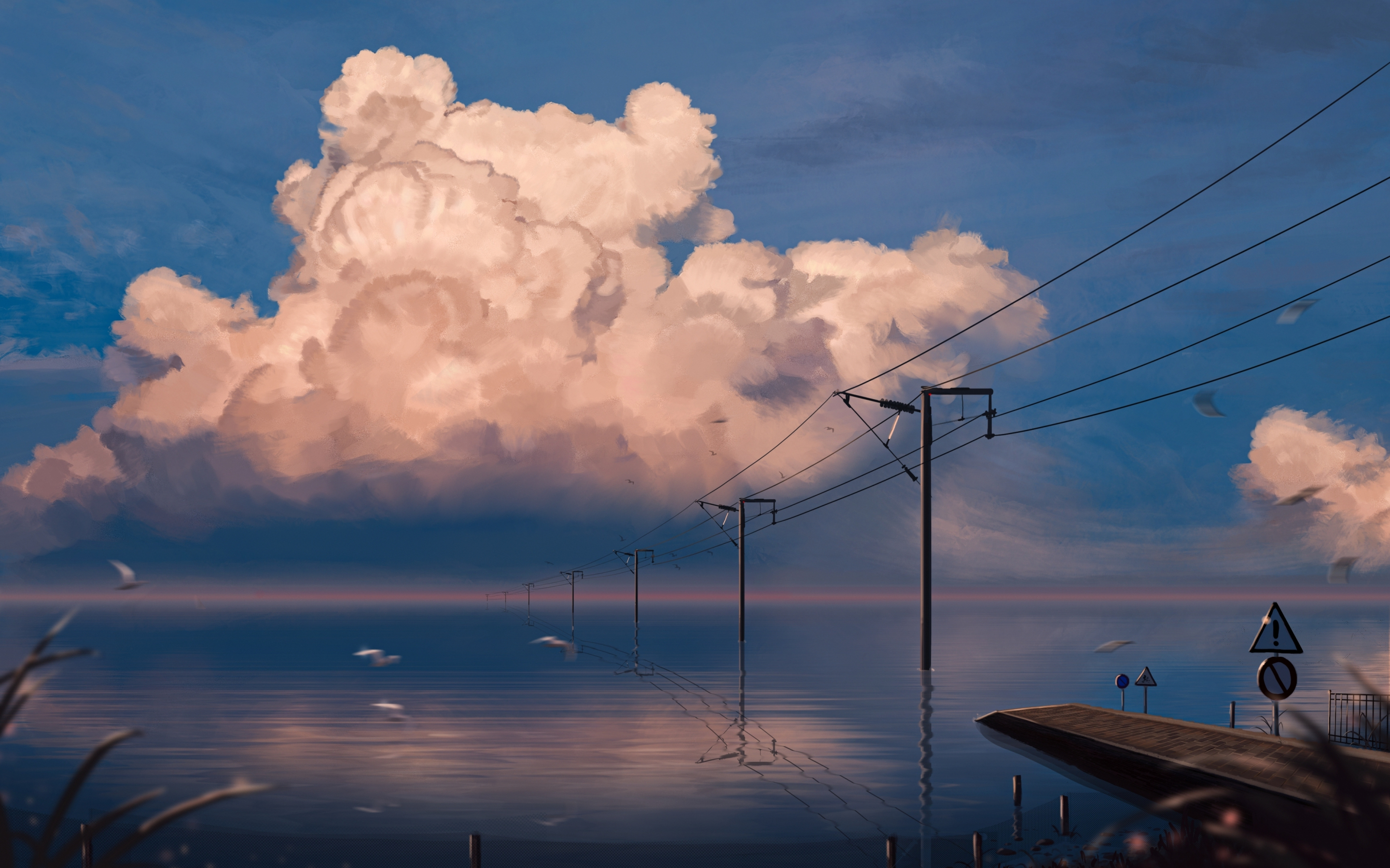 Lake, pier, anime, original, electric poles, art, 2880x1800 wallpaper