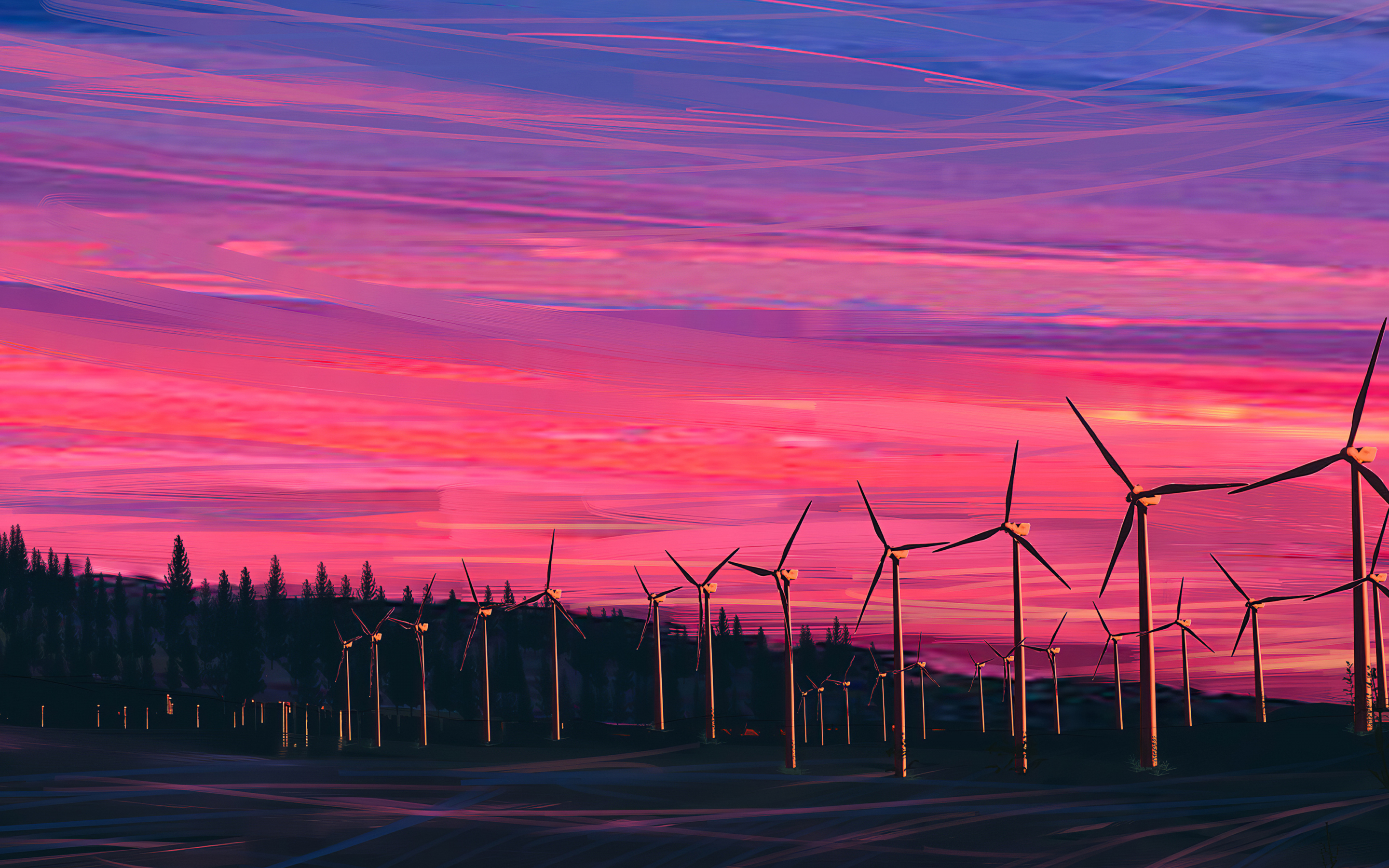 Windmill, journey, landscape, sunset, art, 2880x1800 wallpaper