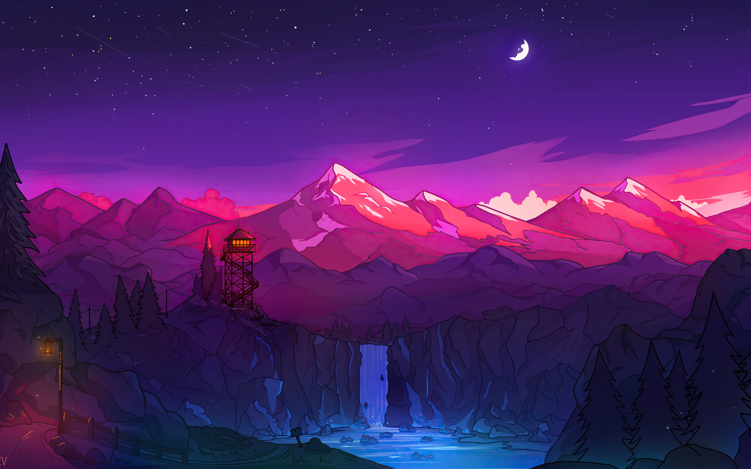 Colorful mountains, night, waterfall, minimal, 2880x1800 wallpaper