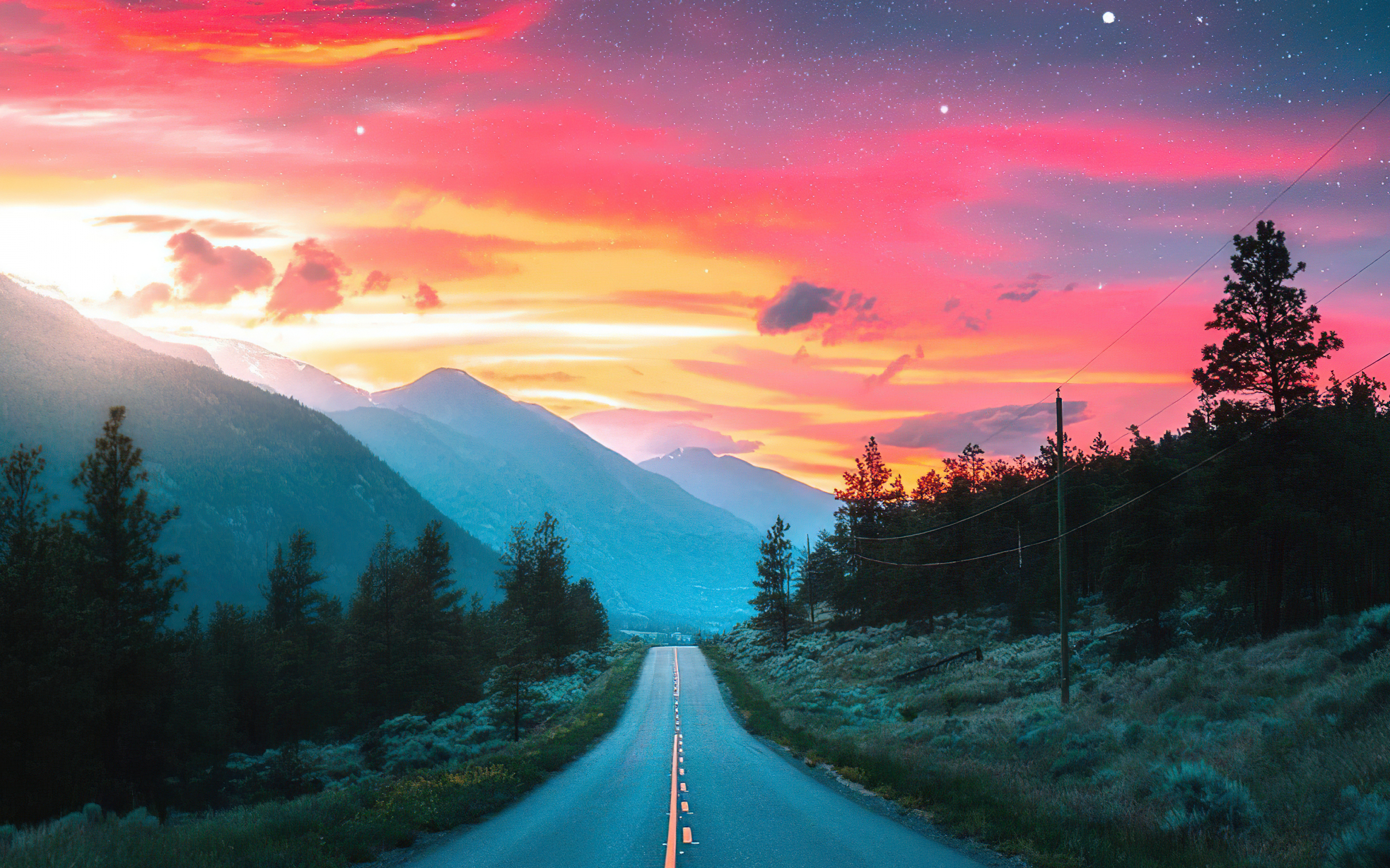 Hill Station, Road, sunset, highway, 2880x1800 wallpaper