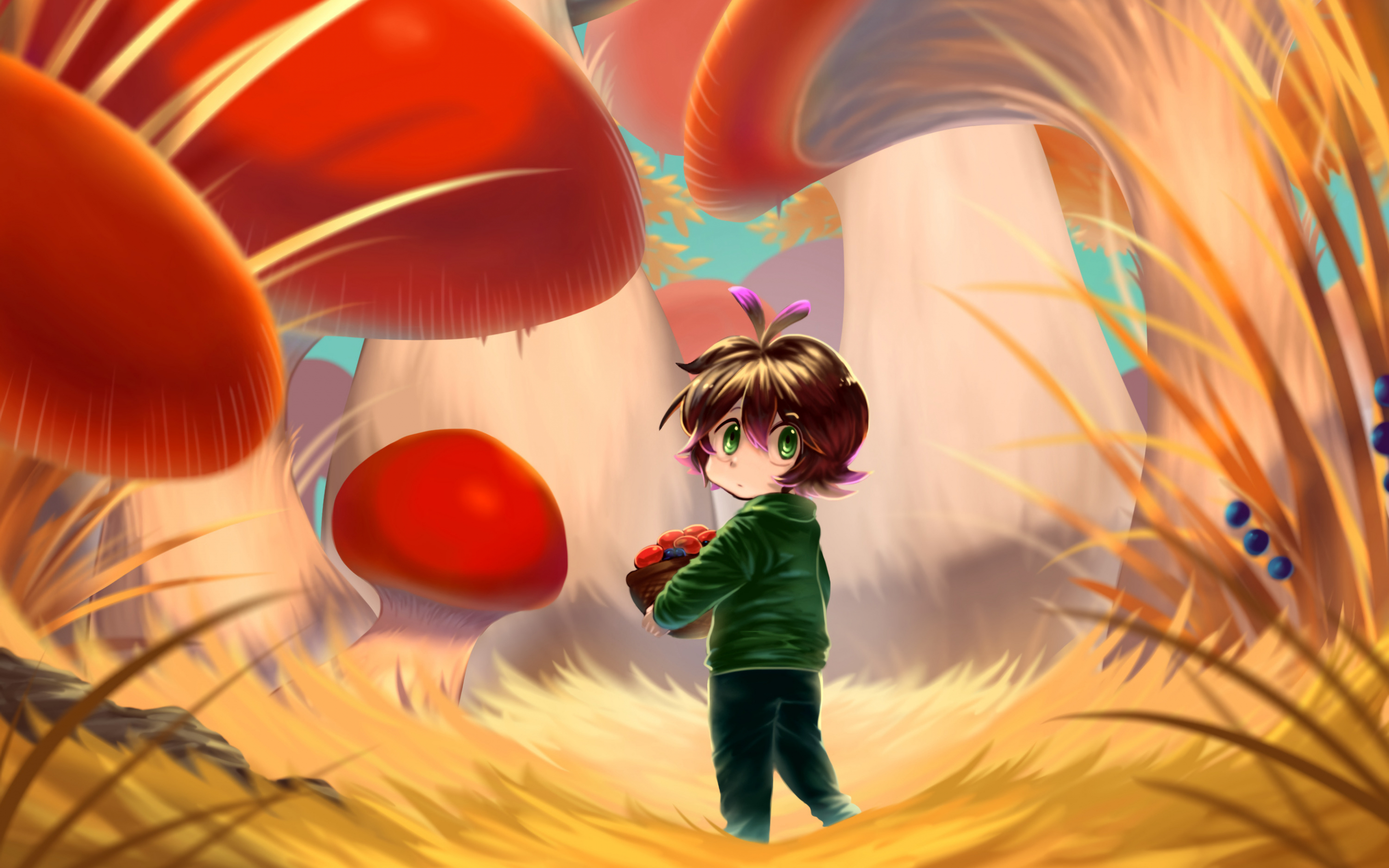 Original, anime, girl in mushrooms jungle, 2880x1800 wallpaper