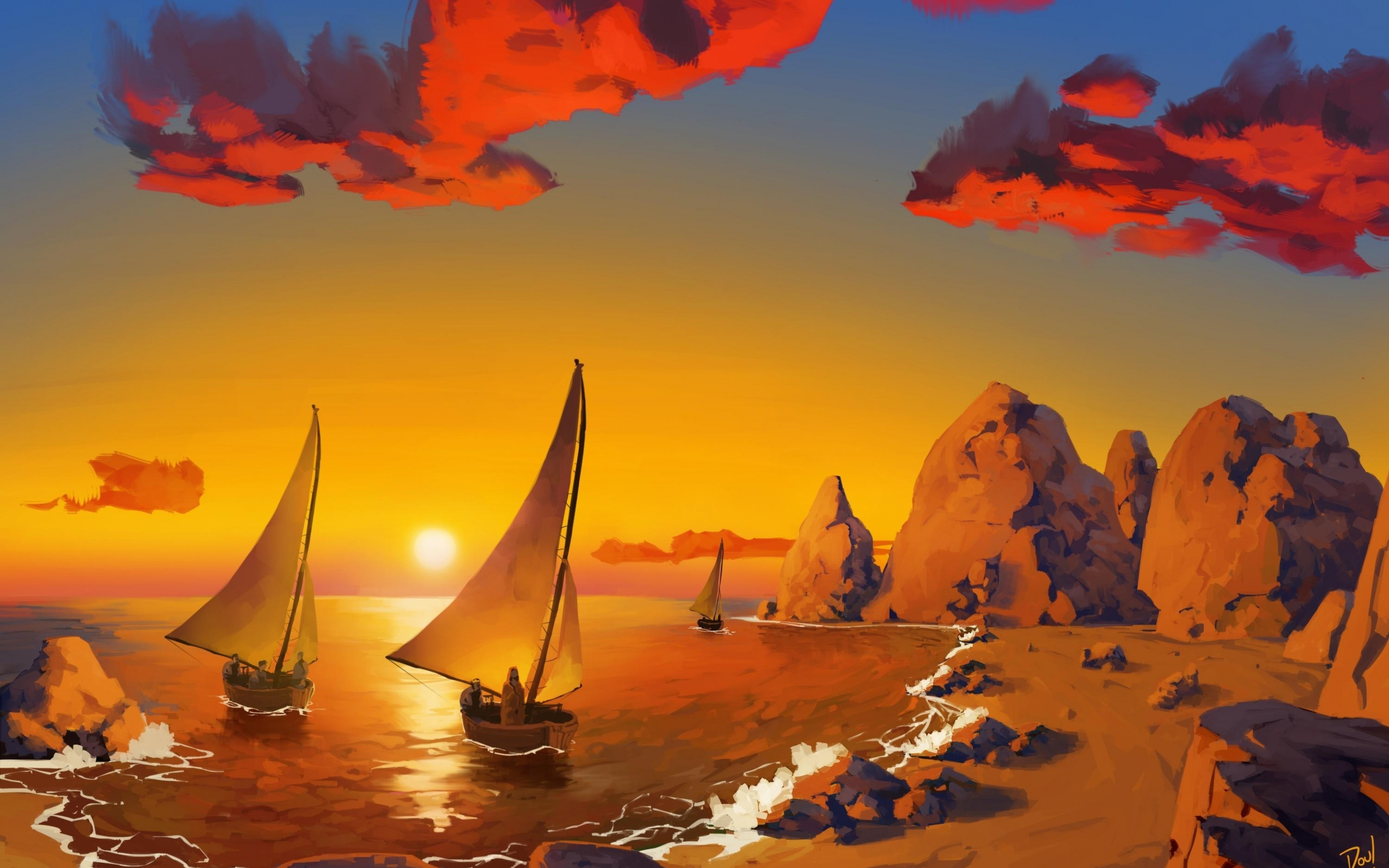 Sunset, sail-boats, ships, coast, art, 2880x1800 wallpaper