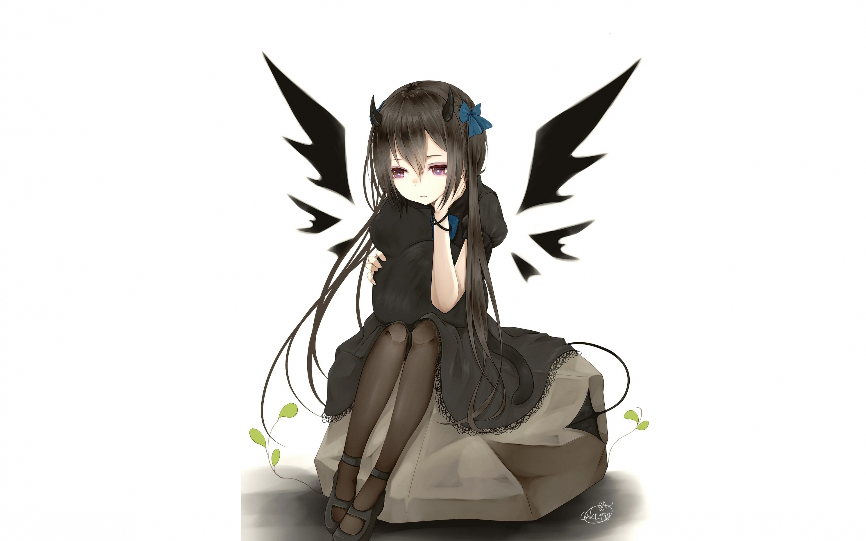 Cute, angel with black wings, anime, 2880x1800 wallpaper