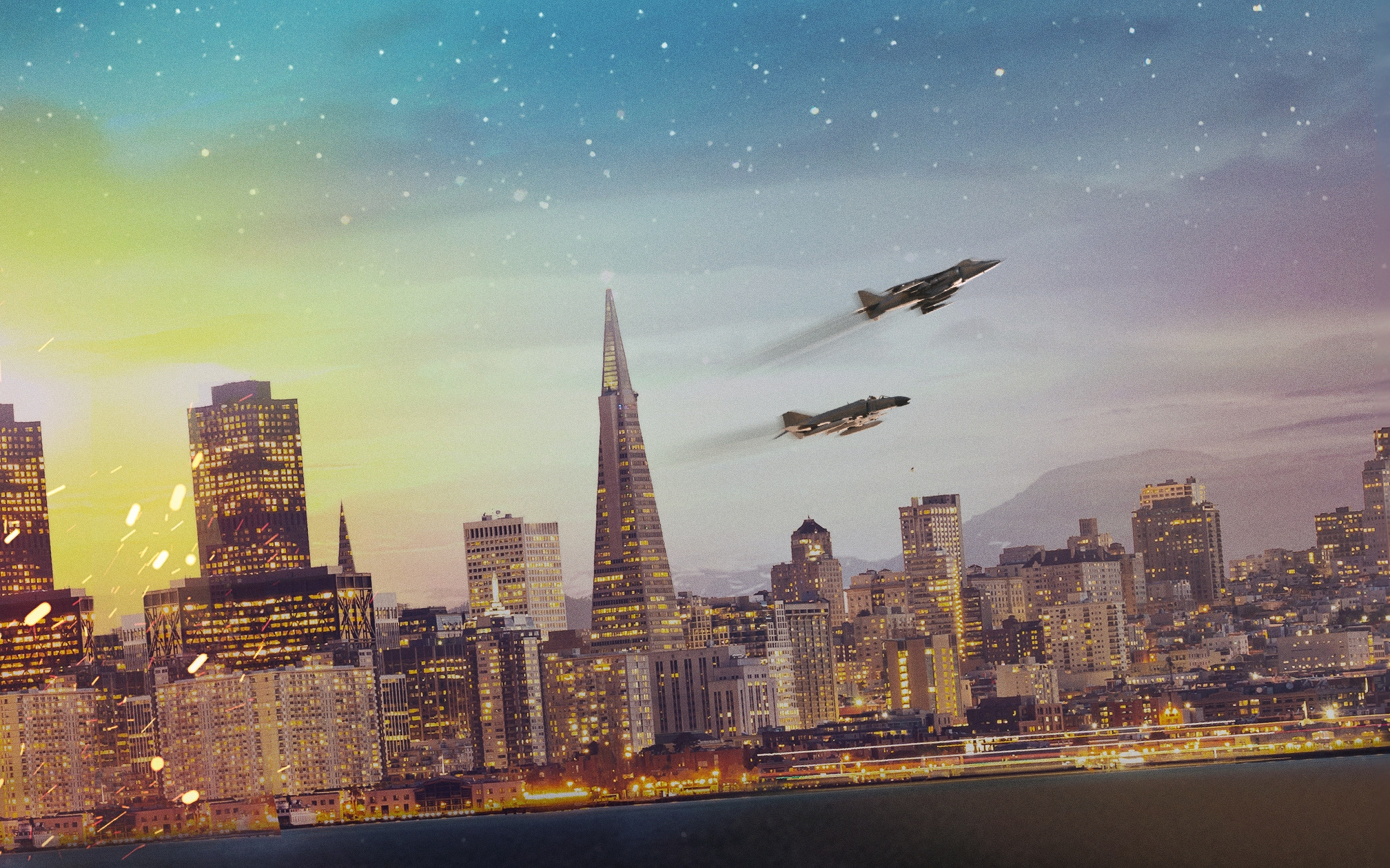City, buildings, starry sky, aircrafts, 2880x1800 wallpaper