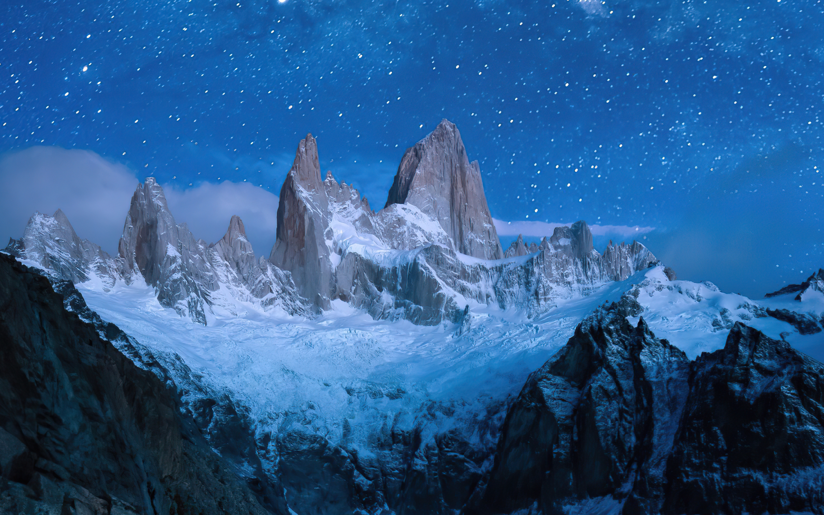 Night in mountains, snow-covered mountains, nature, 2880x1800 wallpaper