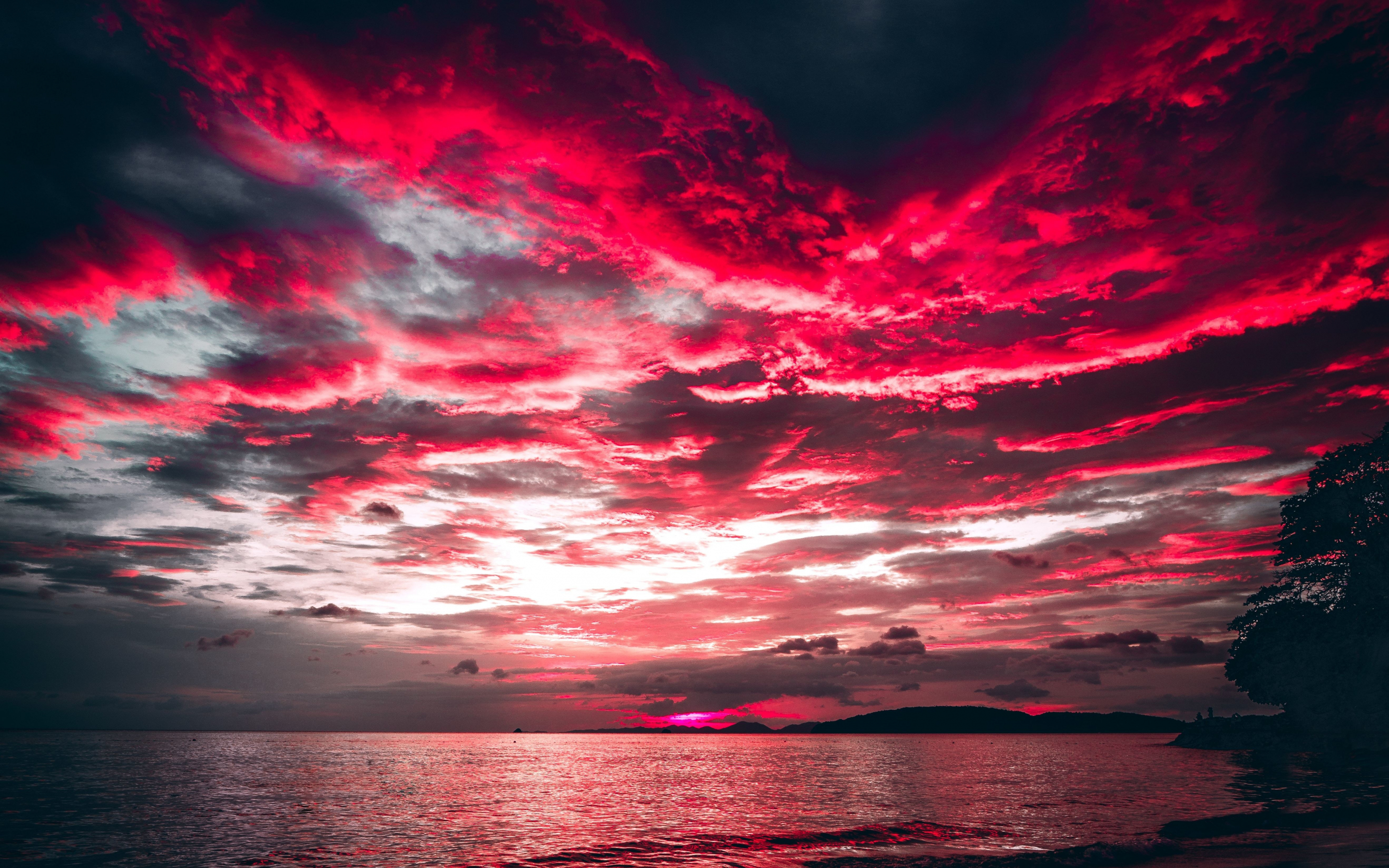 Sea, sunset, red clouds, nature, 2880x1800 wallpaper