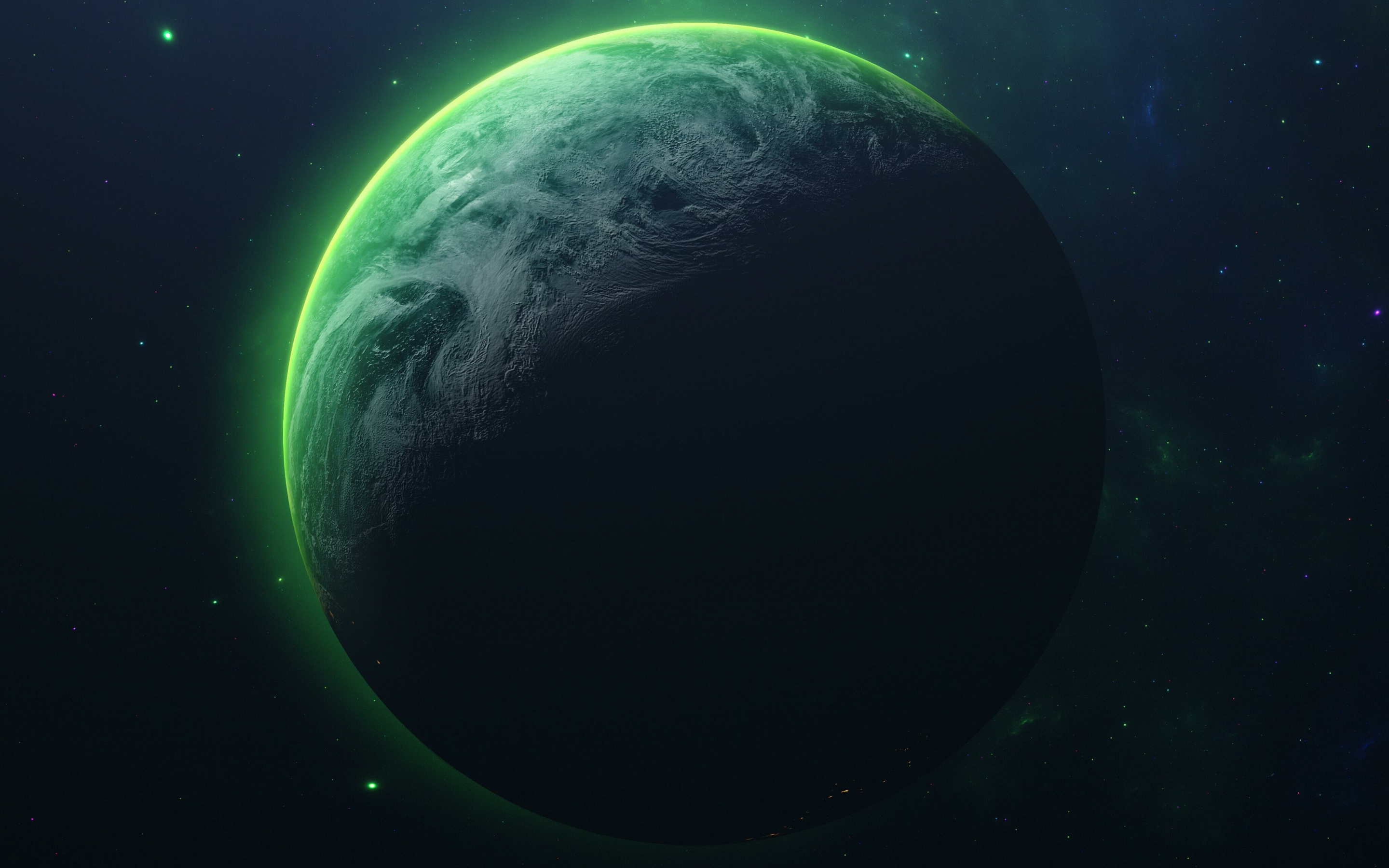 Green planet, green orbit, fantasy, 2880x1800 wallpaper