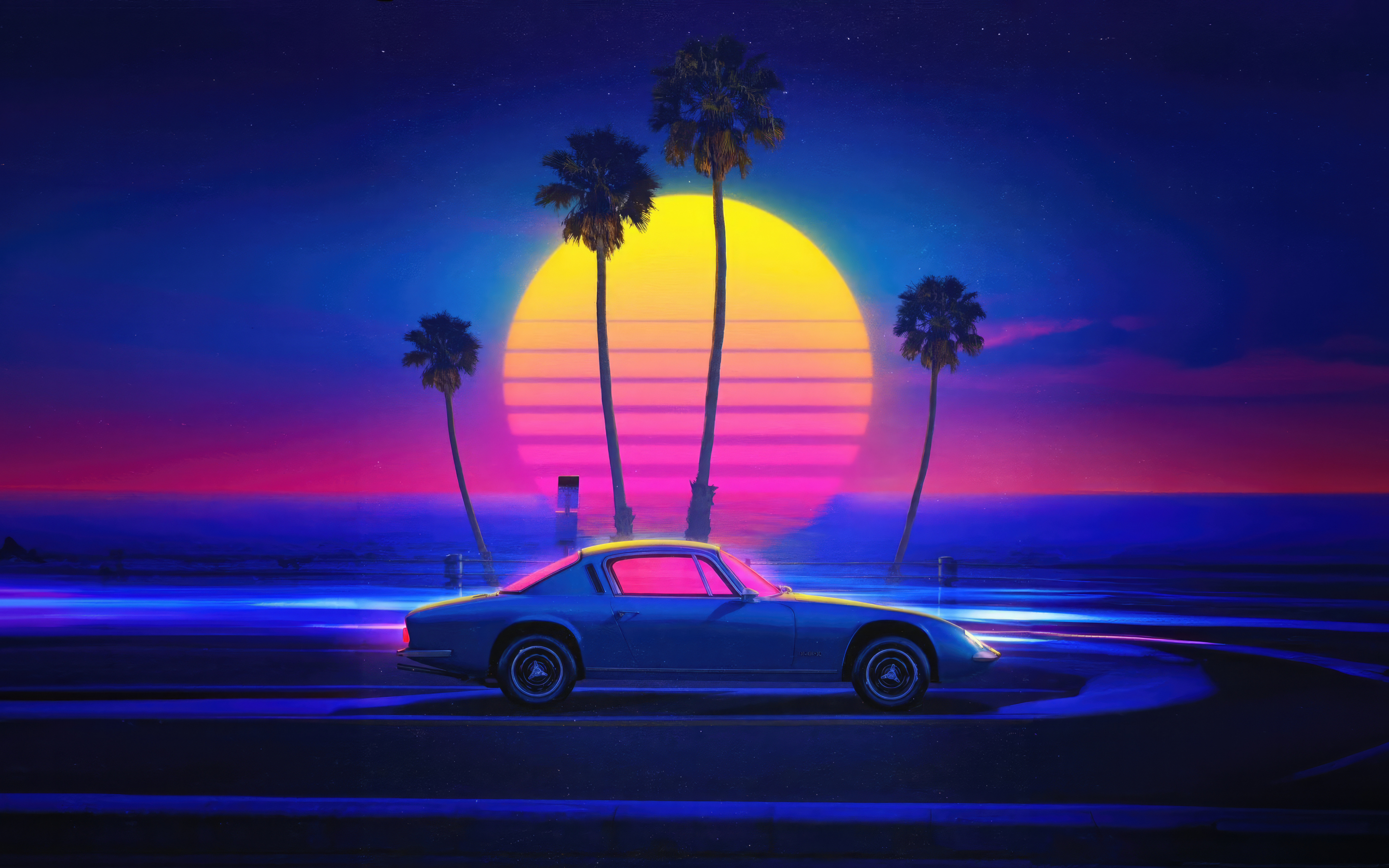 Retrowave, cruising through night, the 80s car, 2880x1800 wallpaper