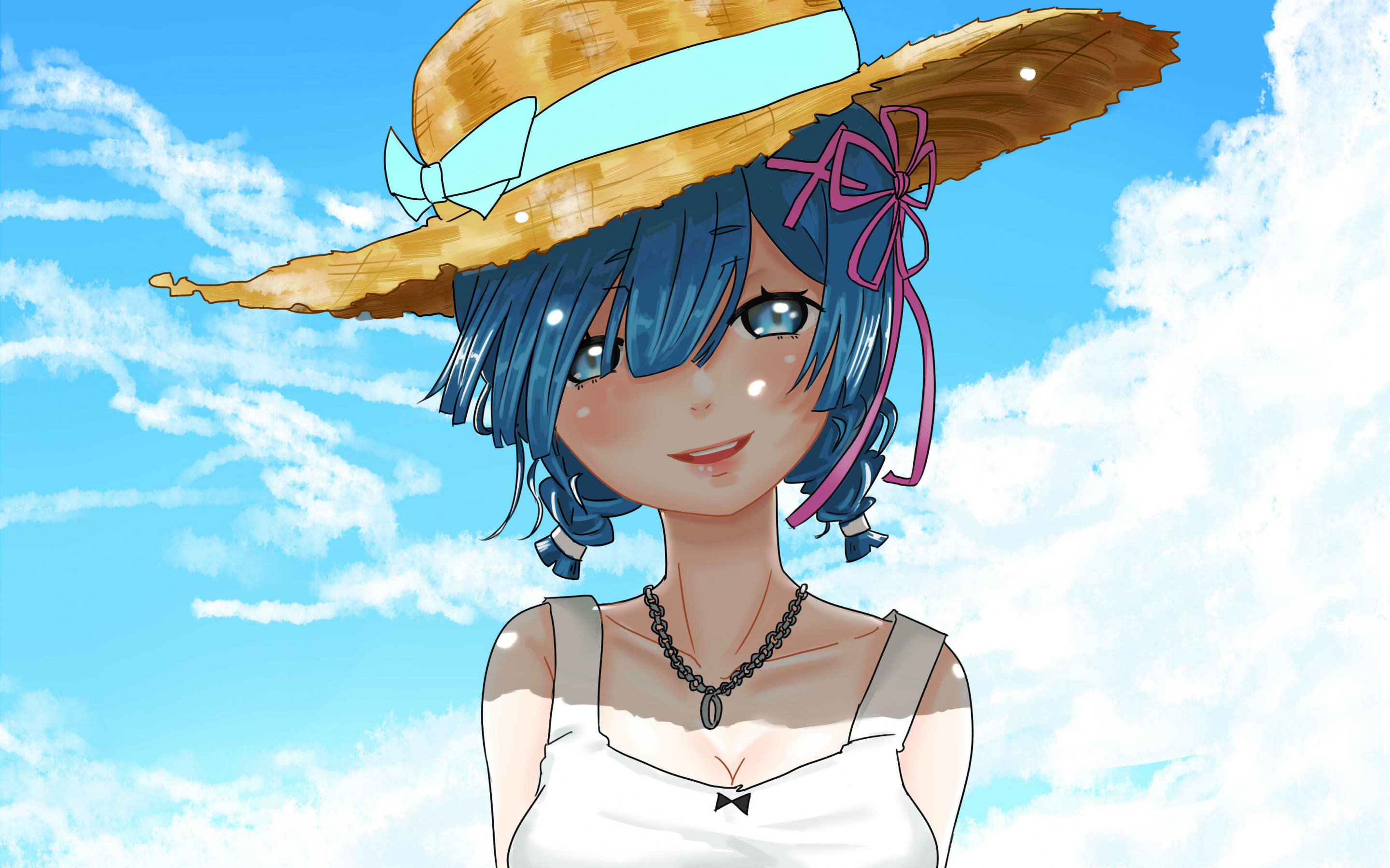Rem, Re:Zero, anime girl, straw hat, beautiful, cute, 2880x1800 wallpaper