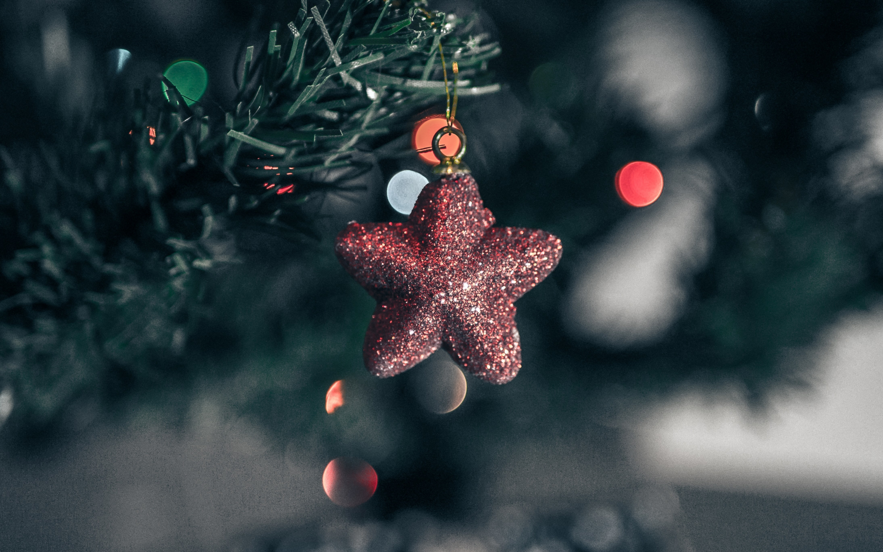 Stars, Christmas, tree, bokeh, blur, decorations, 2017, 2880x1800 wallpaper