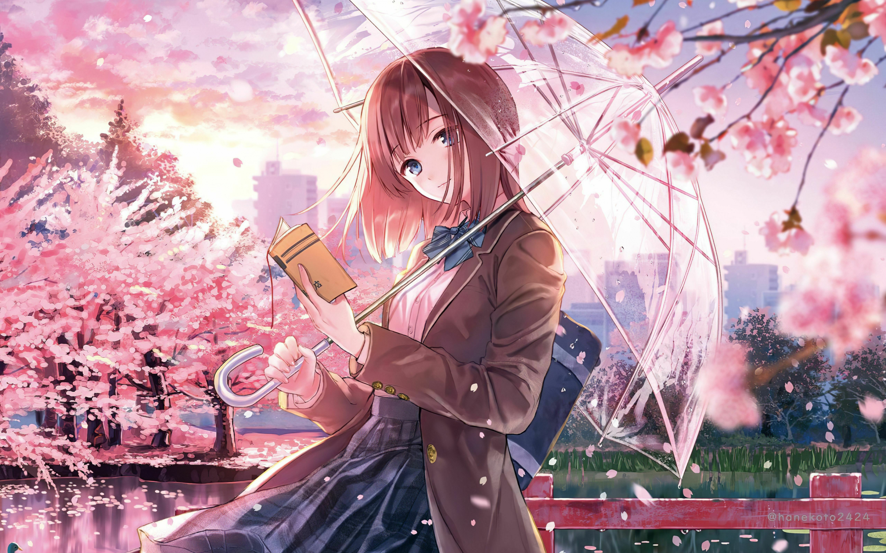 Fun in blossom, anime girl, 2880x1800 wallpaper