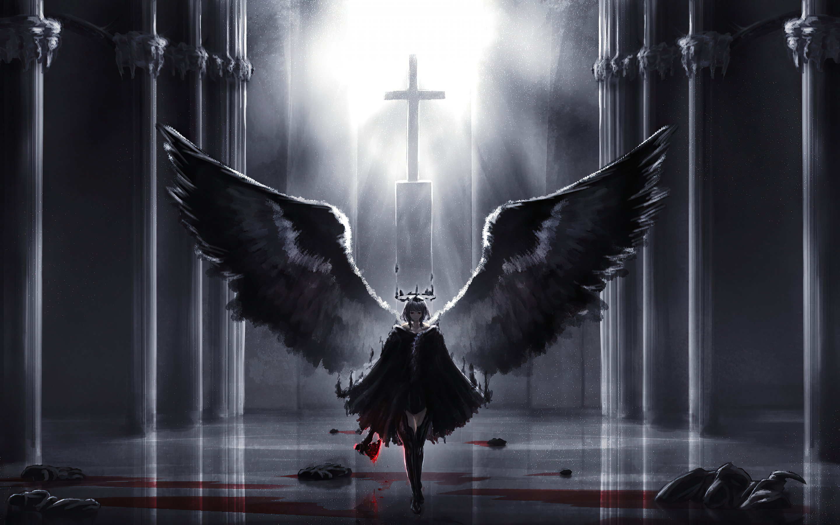 Black wings, demon angel, artwork, fantasy, 2880x1800 wallpaper