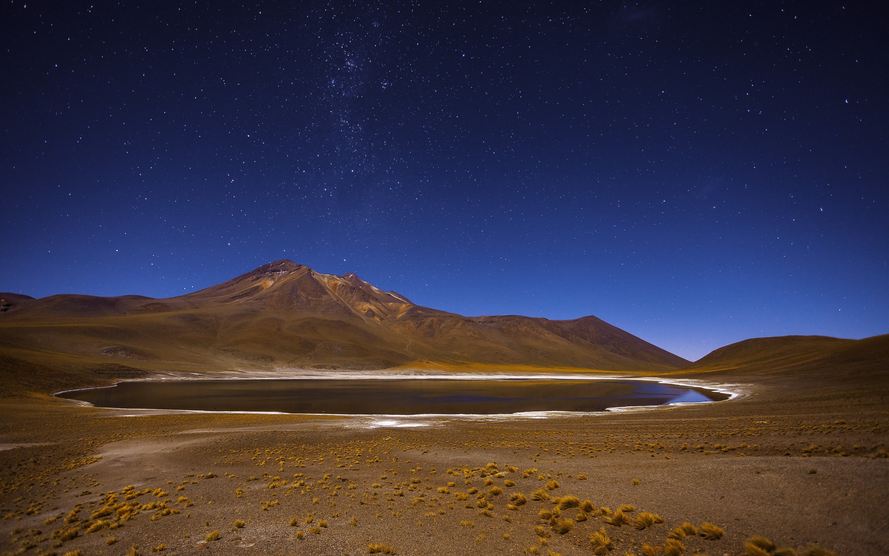 Chile, lagoon, lake, mountains, landscape, starry night, 2880x1800 wallpaper