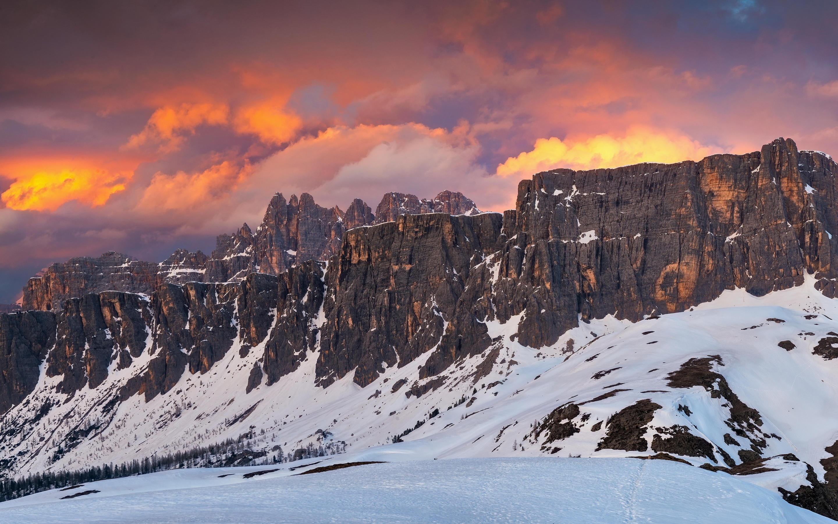Winter, rocky mountains, sunset, 2880x1800 wallpaper