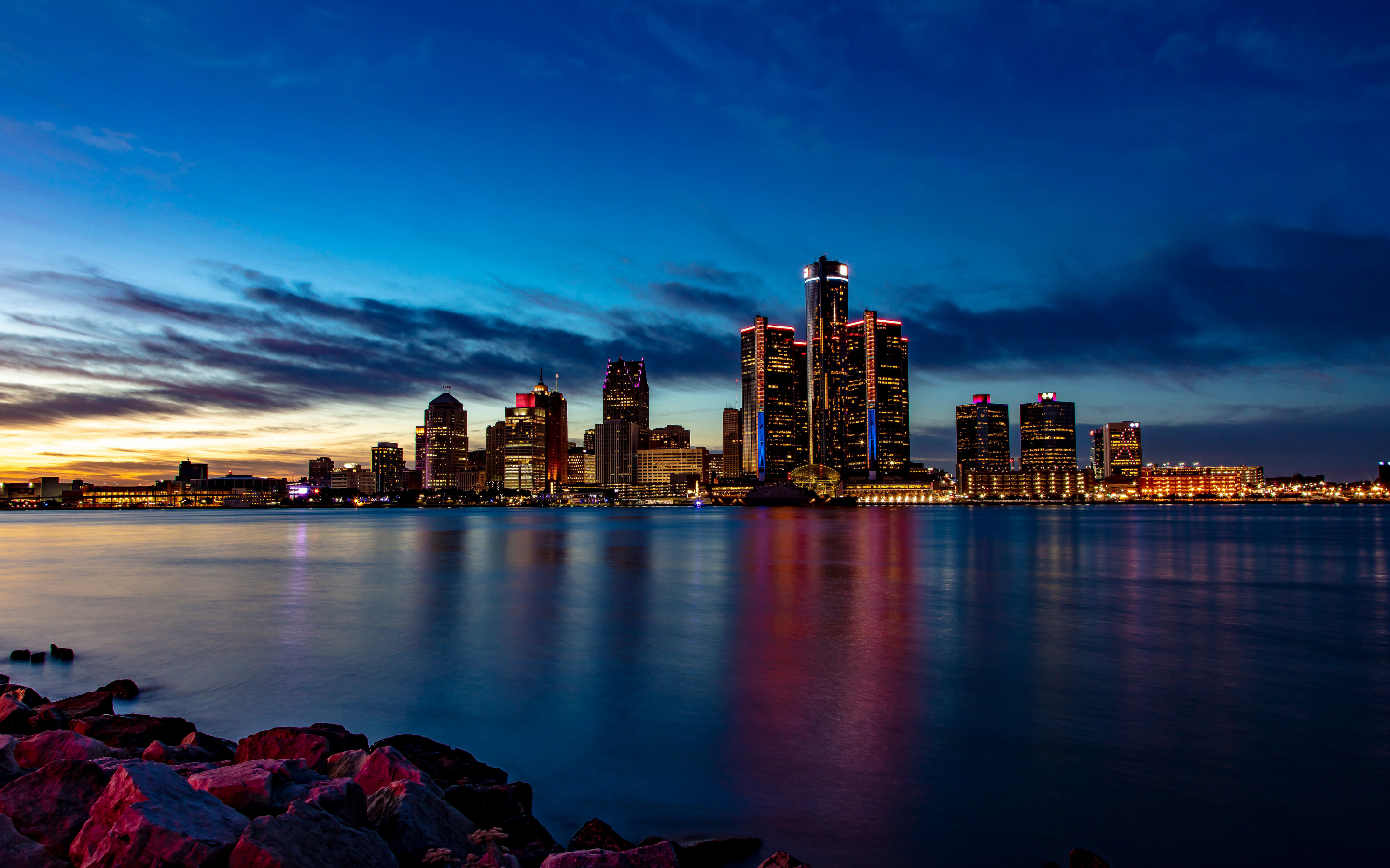 Detroit, city, buildings, cityscape, sunset, 2880x1800 wallpaper
