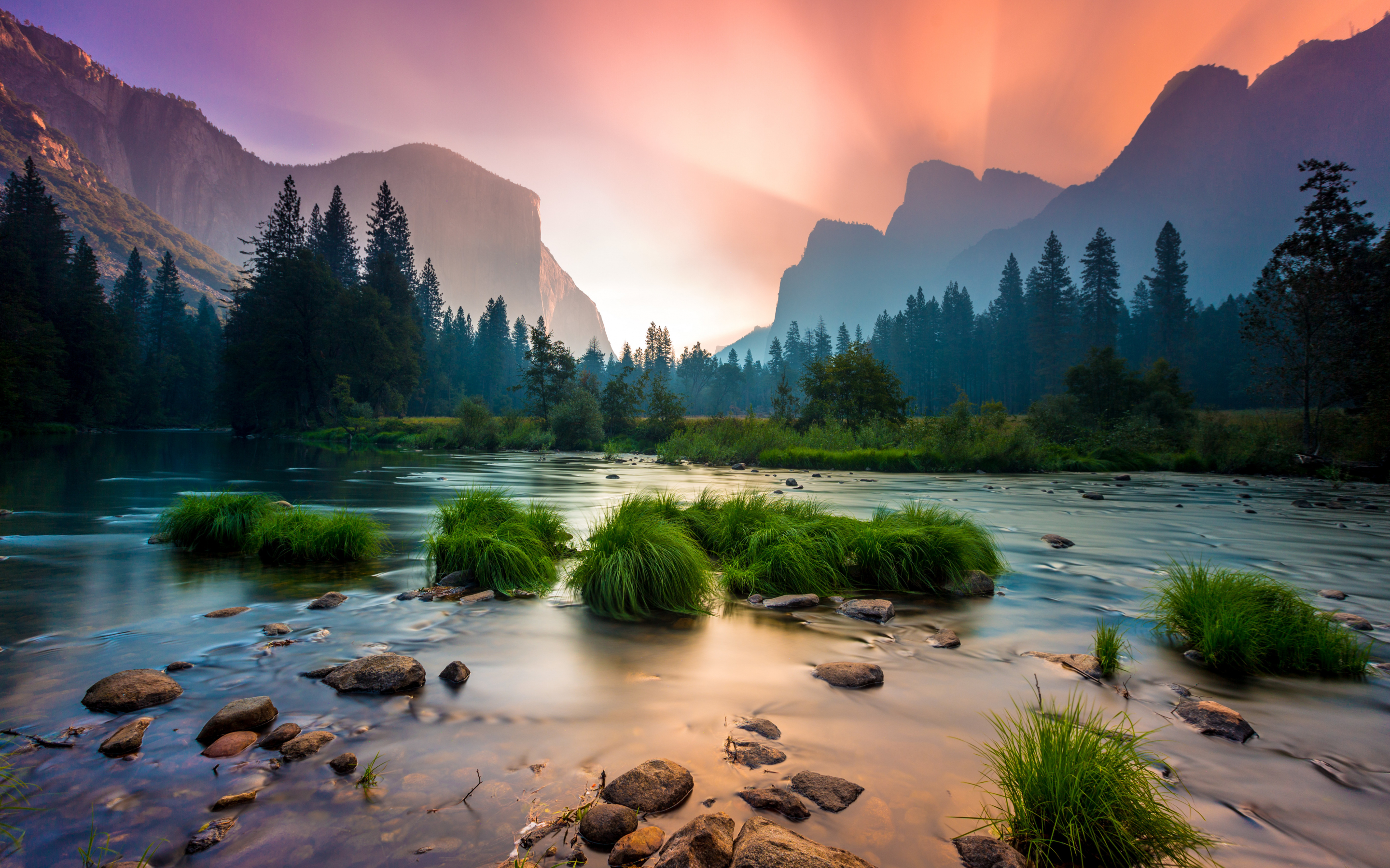 Sunrise, Yosemite National Park, stream, mountains, 2880x1800 wallpaper