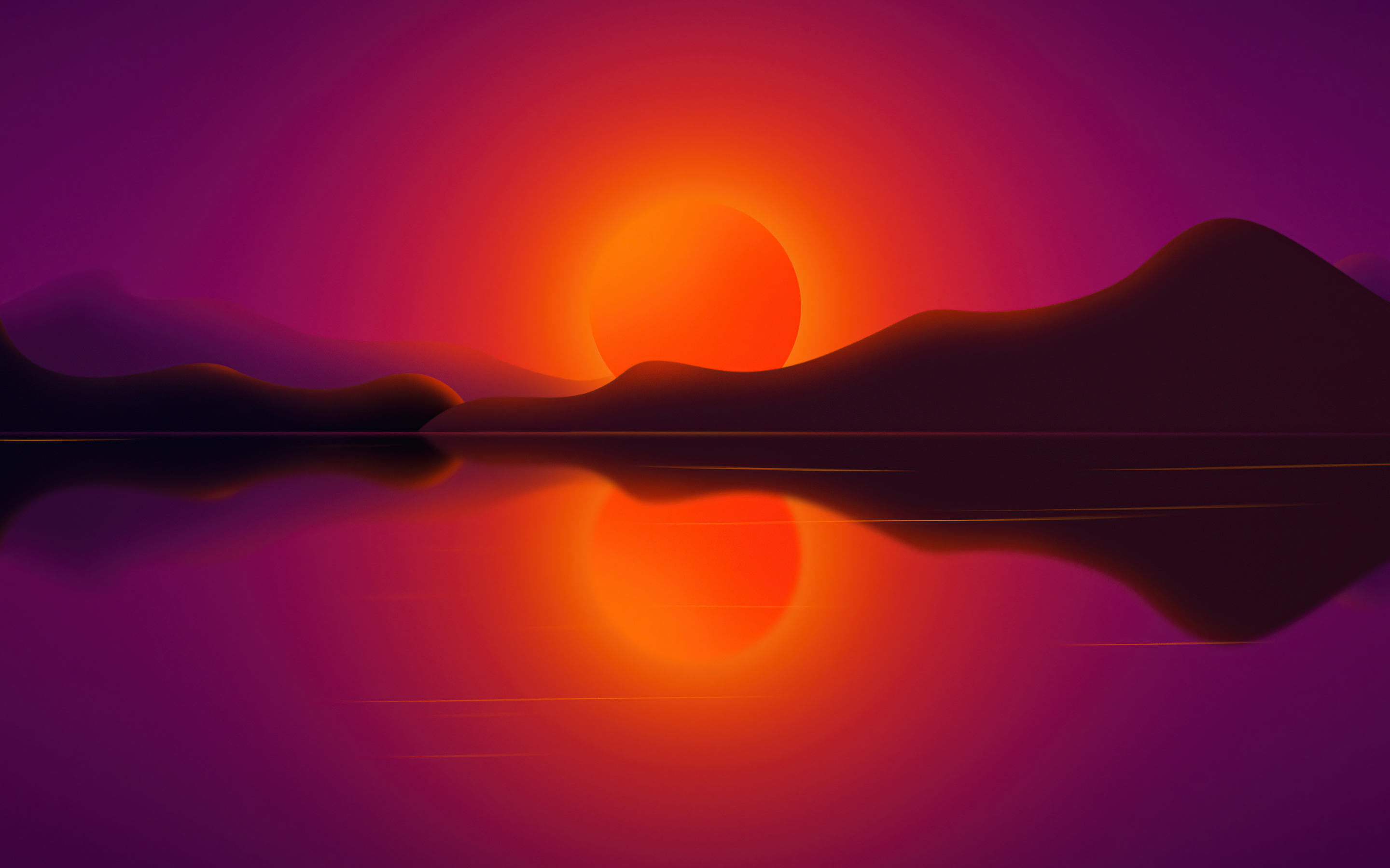 Silhouette, sun, lake, hills, reflections, 2880x1800 wallpaper