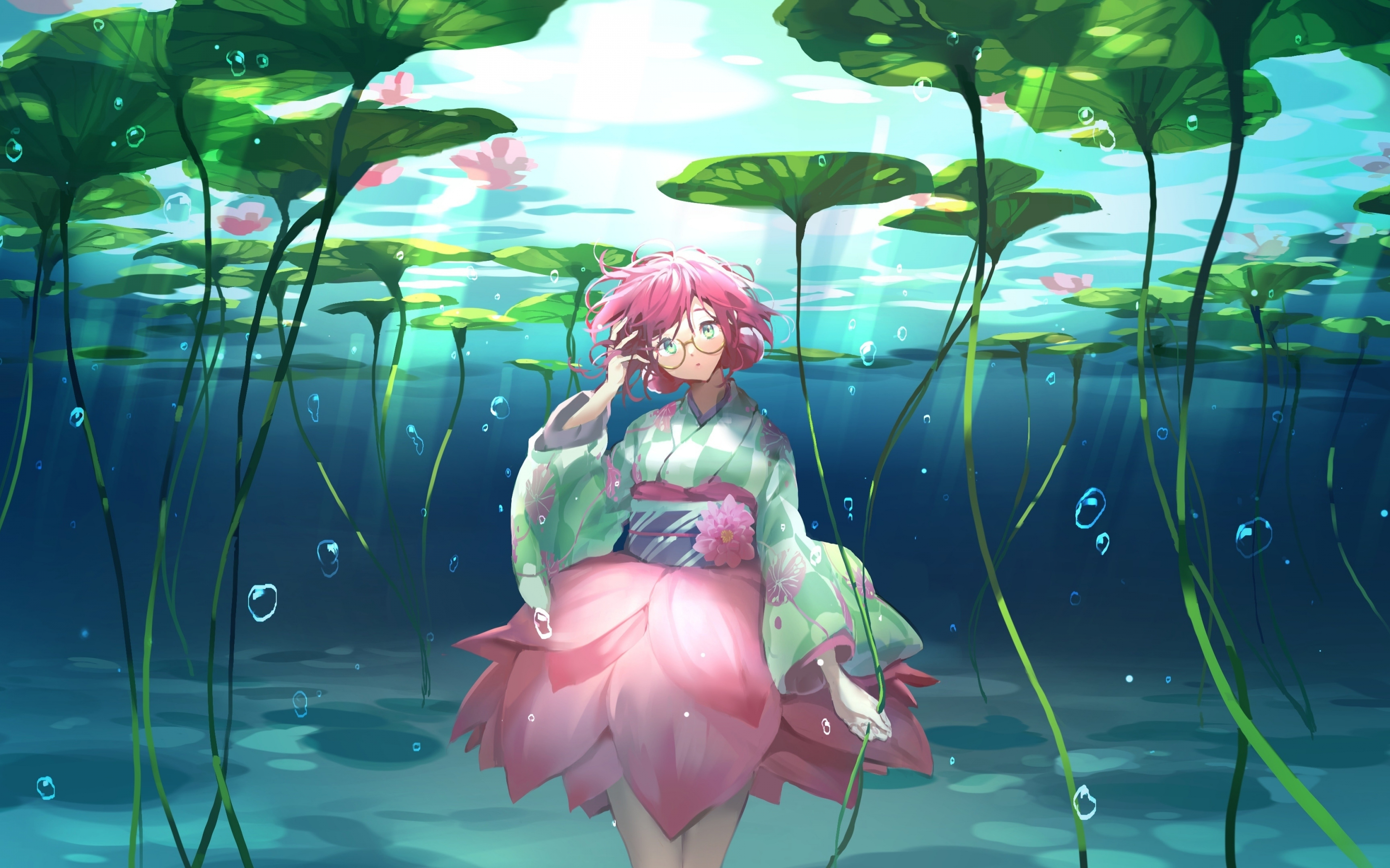 Flower girl, anime, underwater, 2880x1800 wallpaper
