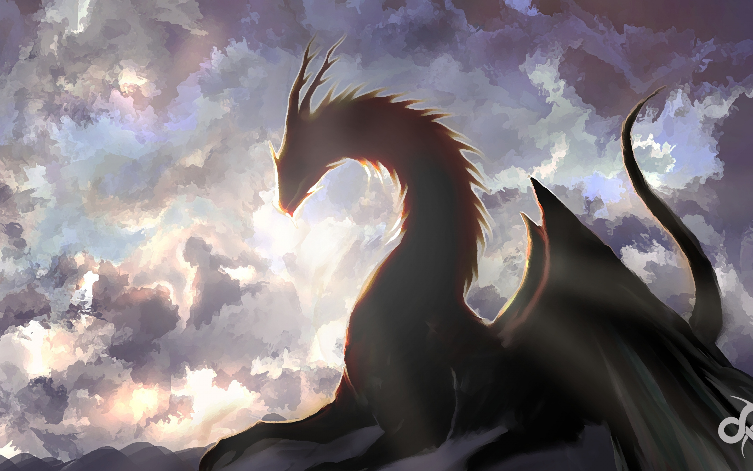Digital art, clouds, dragon, fantasy, 2880x1800 wallpaper