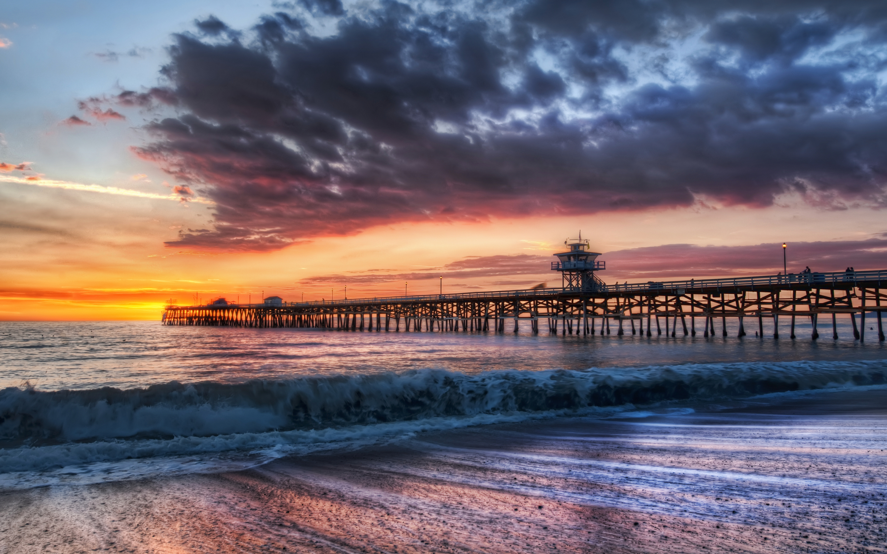 Wooden pier, beach, sunset, adorable view, 2880x1800 wallpaper
