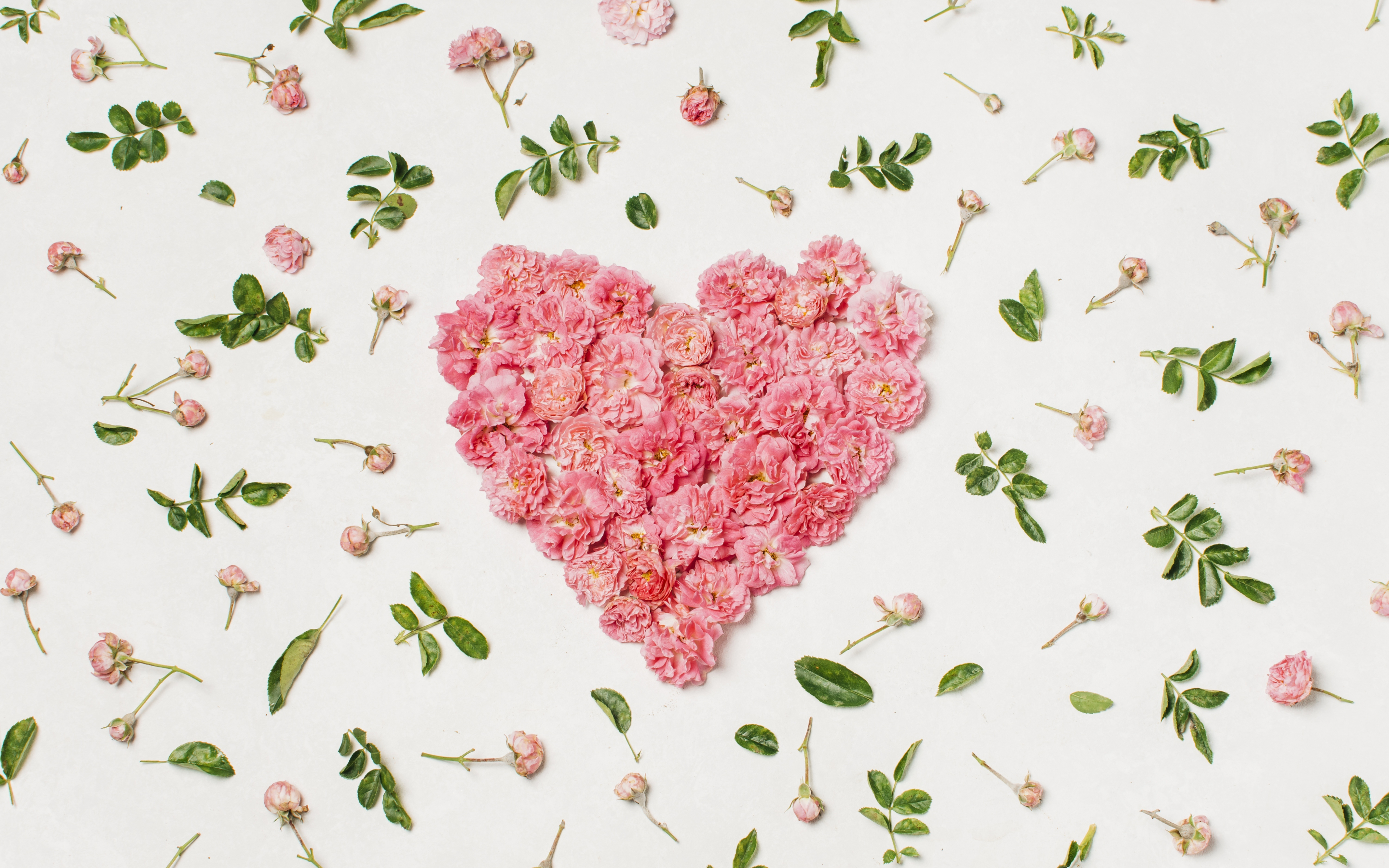 Heart, pink flowers, leaves, 2880x1800 wallpaper