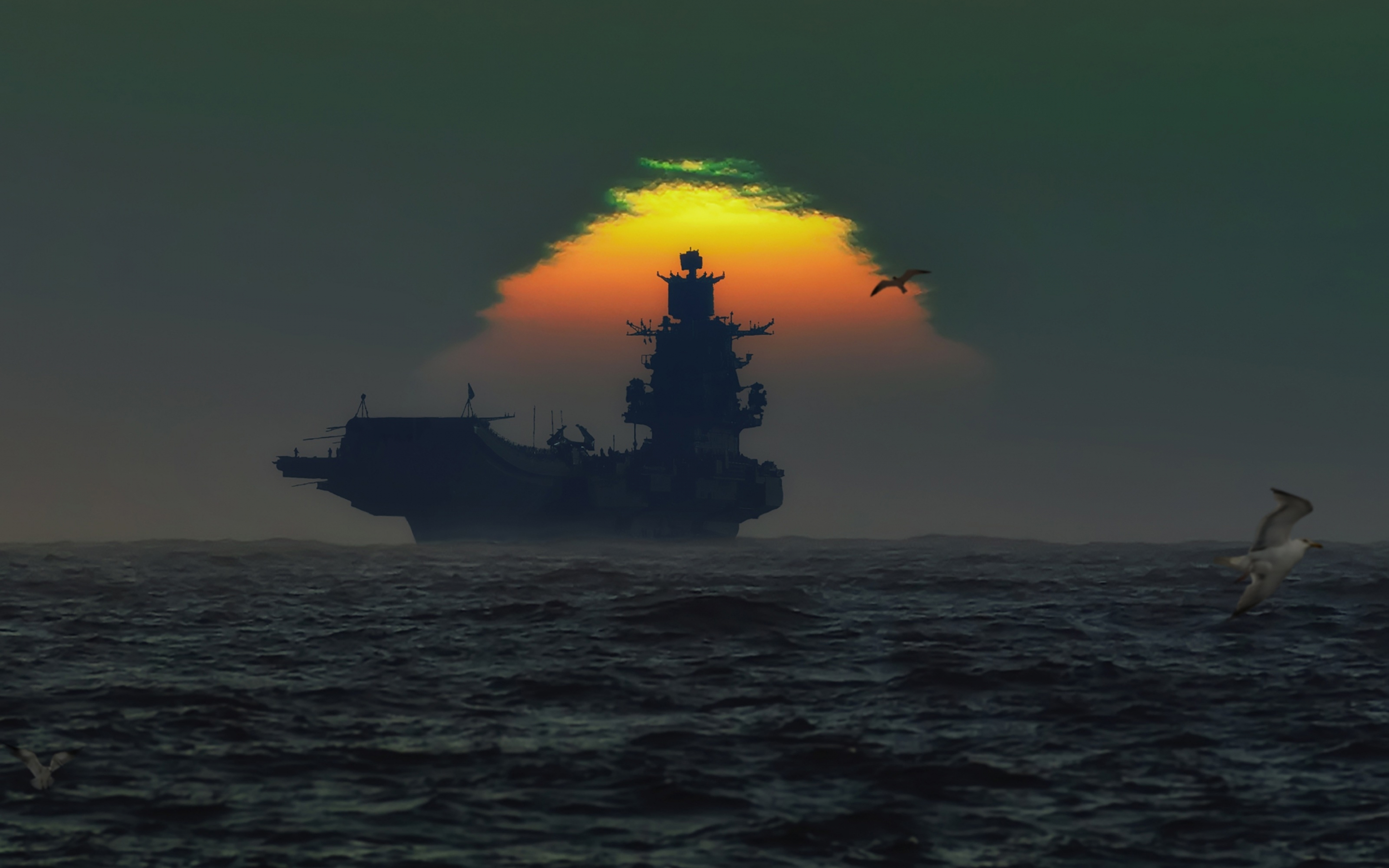 Warship, sunset, silhouette, 2880x1800 wallpaper