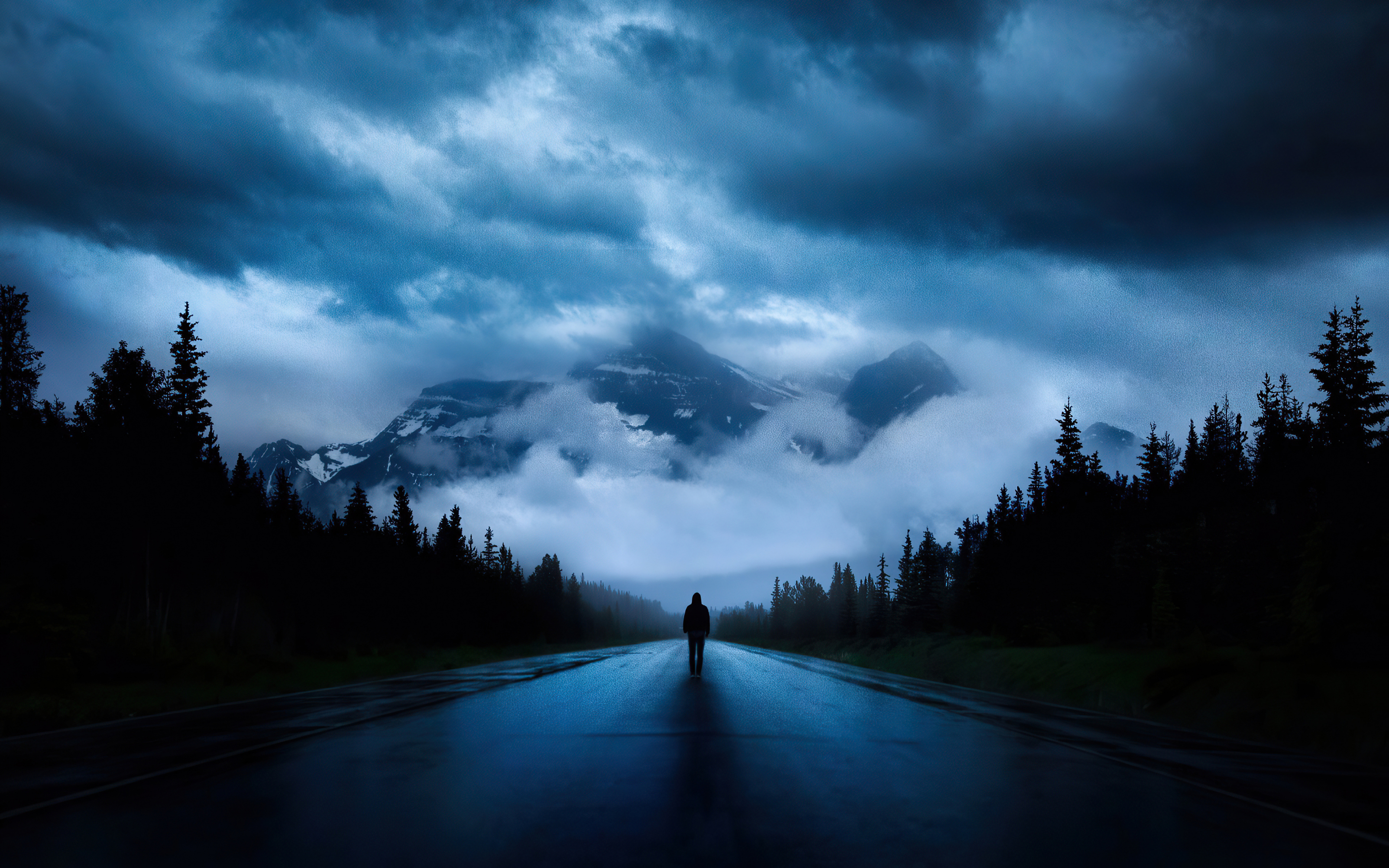Walking alone, road, mountains, silhouette, dark, 2880x1800 wallpaper