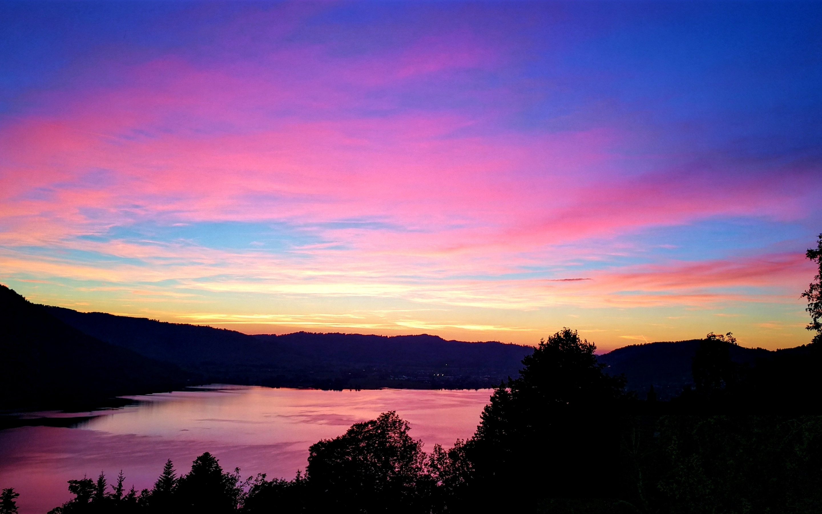 Lake, sunset, blue-pink sky, silhouette, 2880x1800 wallpaper