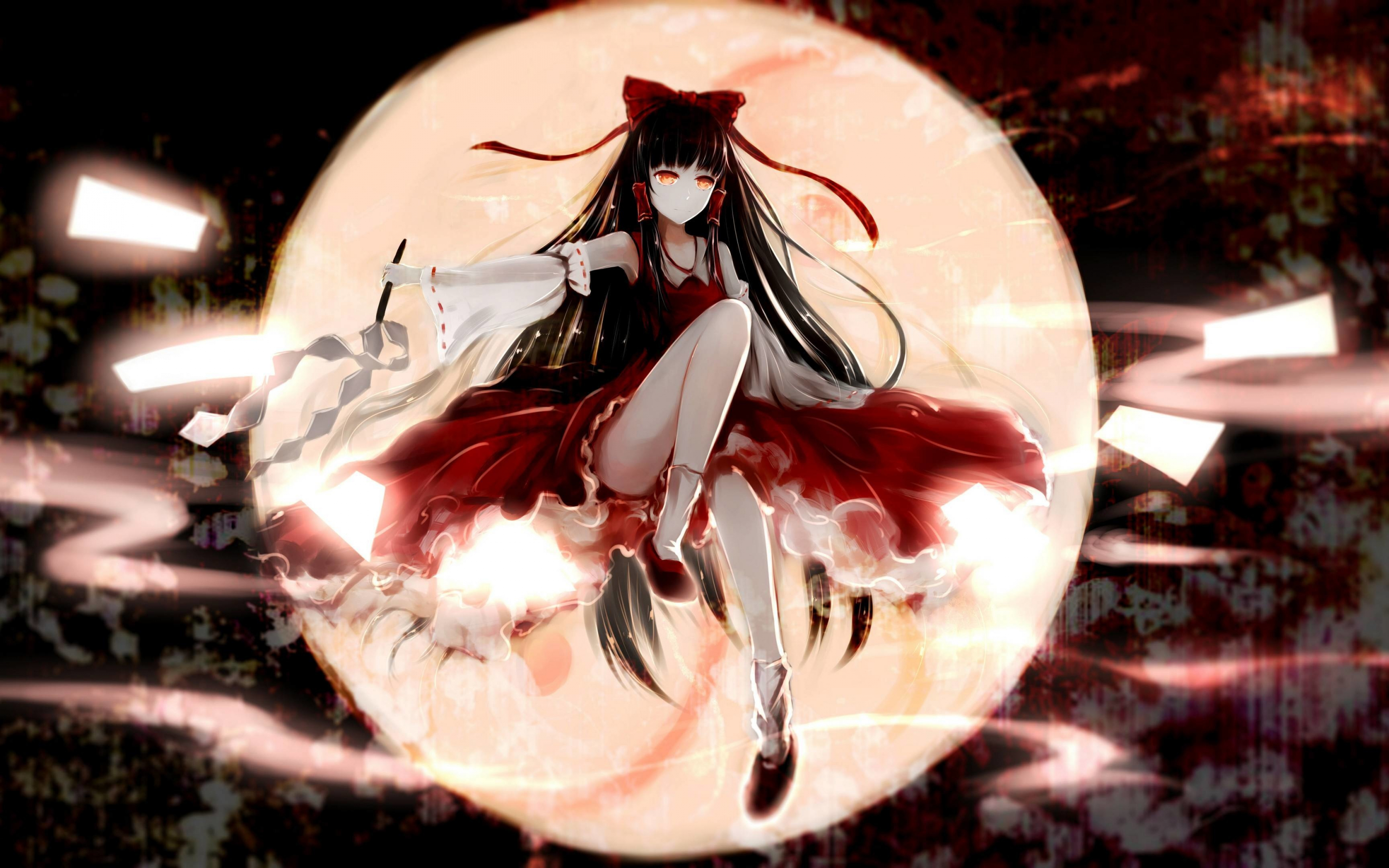 Anime girl, Reimu Hakurei, big moon, touhou, 2880x1800 wallpaper