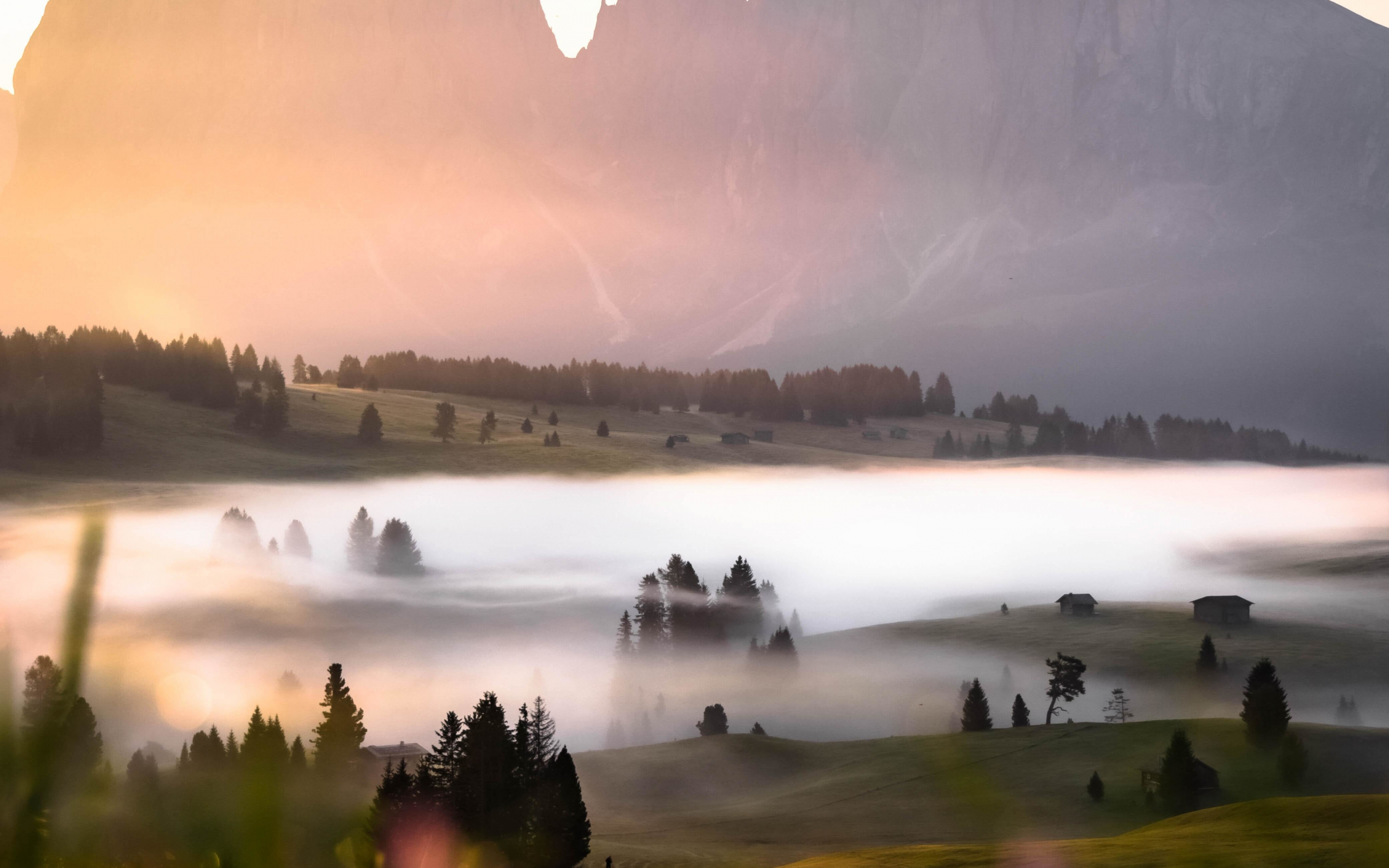 Mountains, mist, landscape, sunrise, 2880x1800 wallpaper