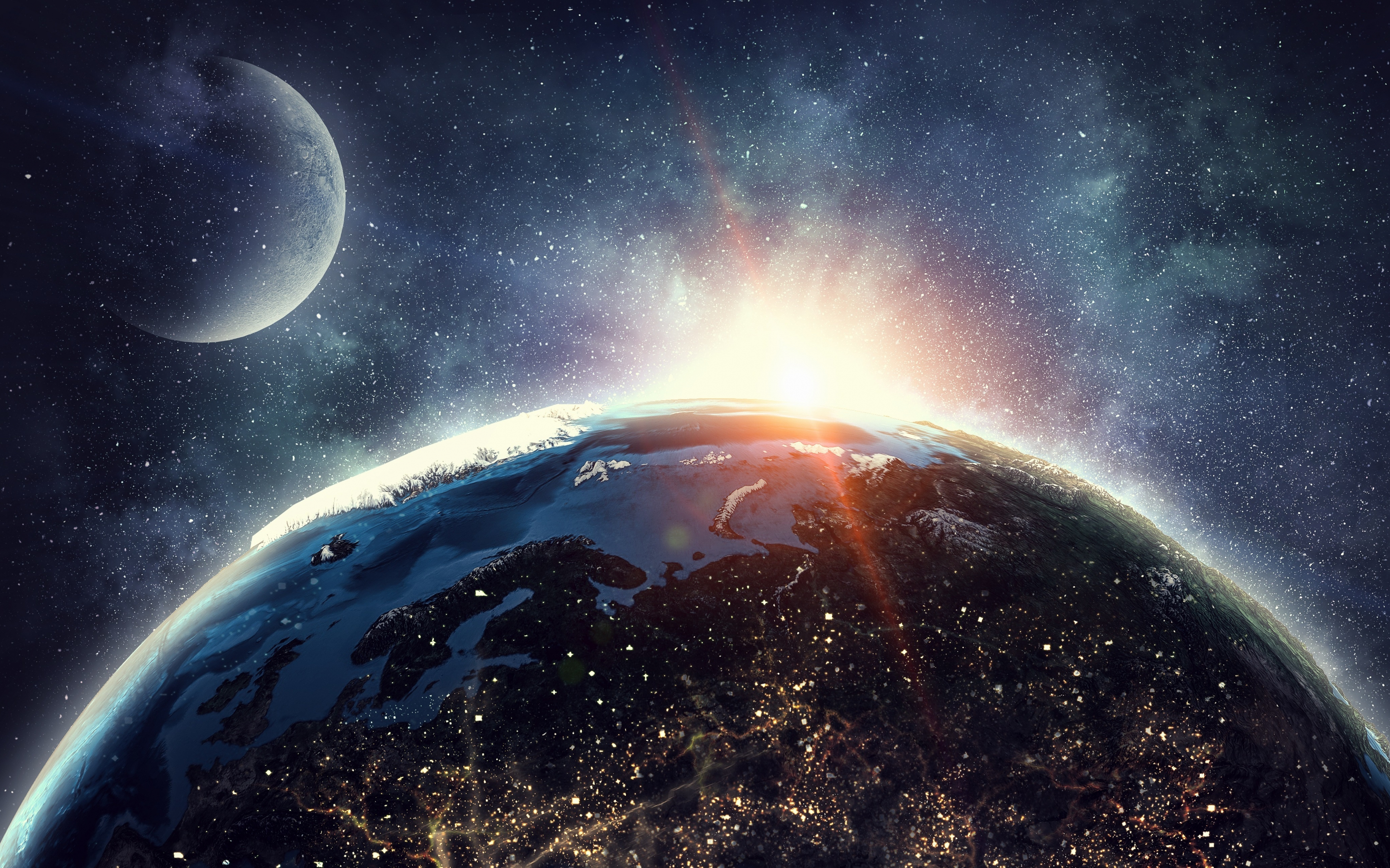 Moon and earth, planets, space, surface, twilight, 2880x1800 wallpaper