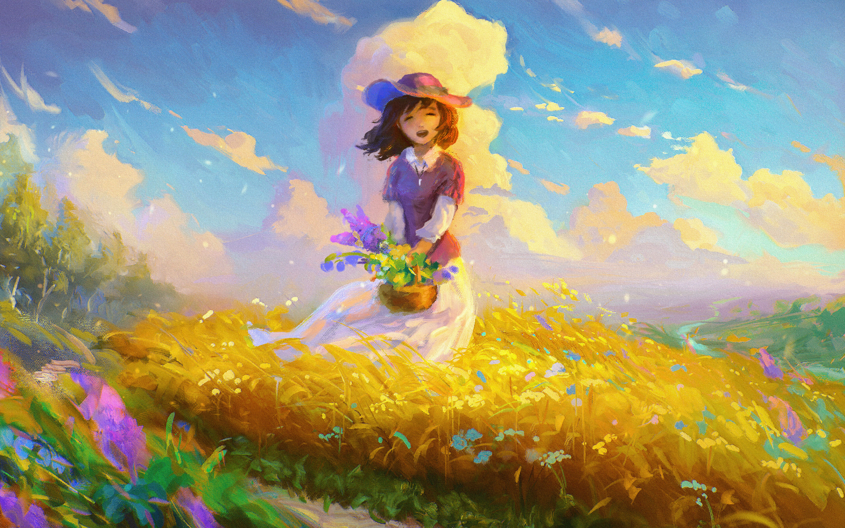Girl, happy mood, spring, digital art, 2880x1800 wallpaper