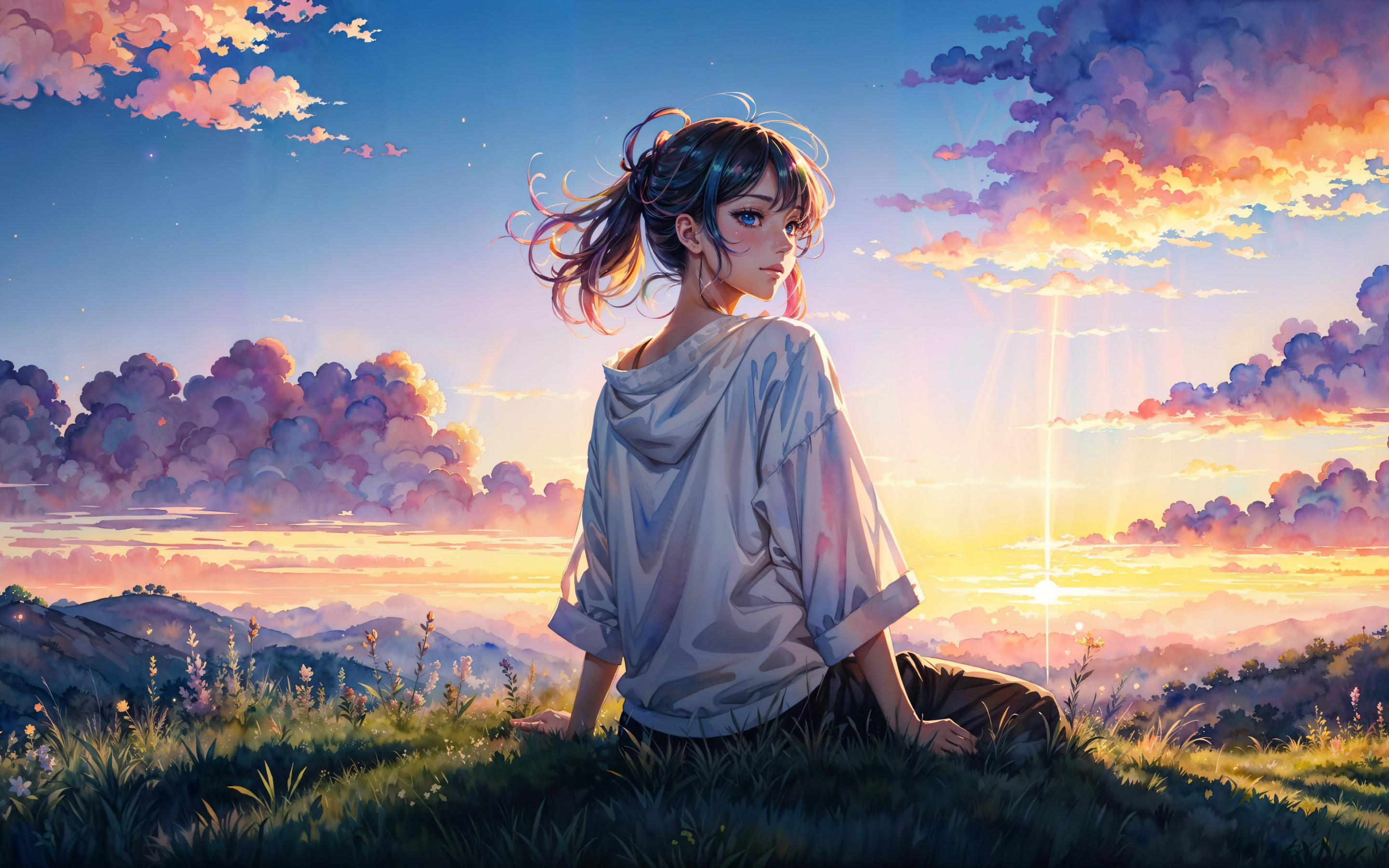 Anime girl in the depths of daylight, outdoor, 2880x1800 wallpaper