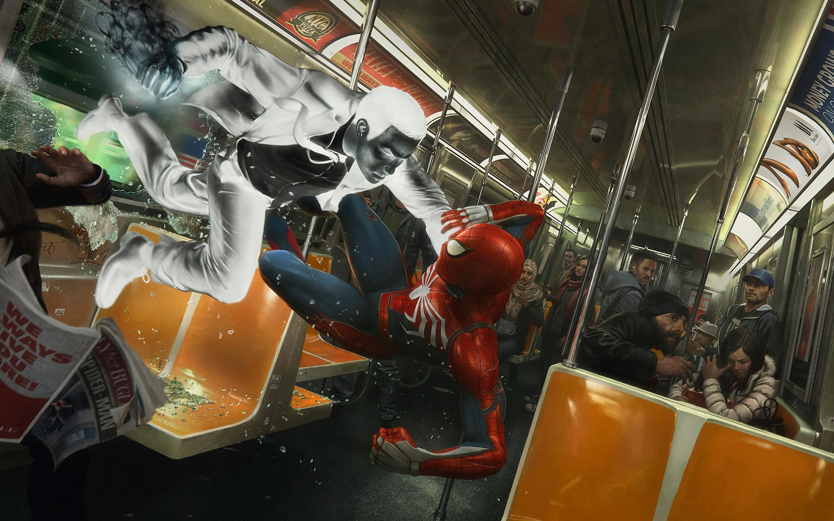 Spider-man (PS4), video game, fight, inside train, 2018, 2880x1800 wallpaper