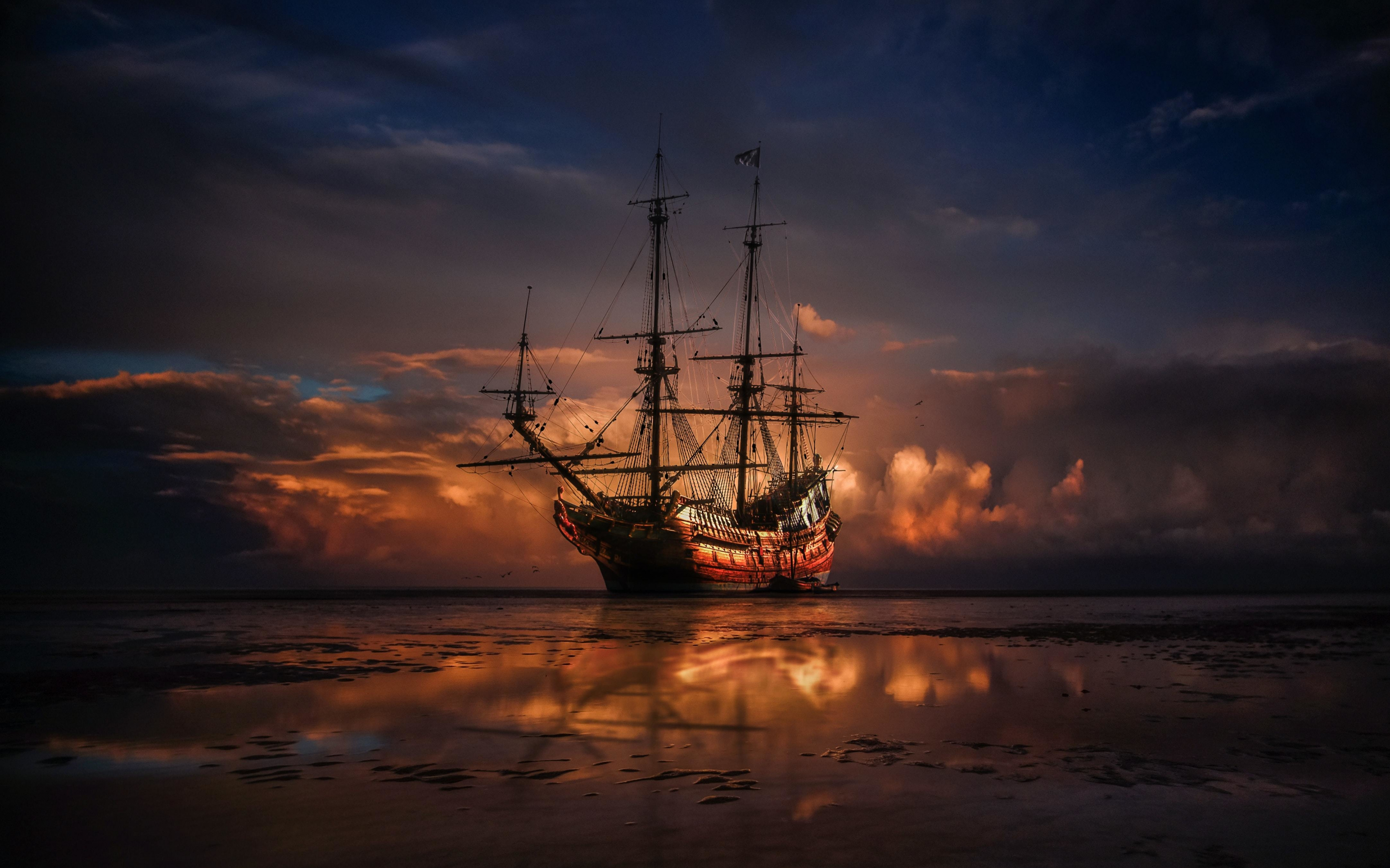 Sail ship, sunset, seashore, sea, 2880x1800 wallpaper