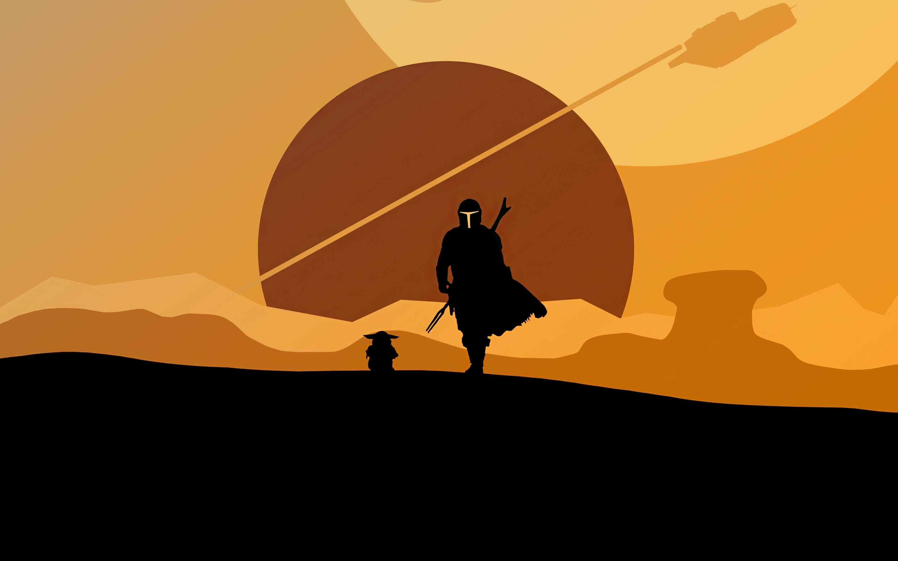 2020, The Mandalorian and Yoda, minimal, silhouette, artwork, 2880x1800 wallpaper