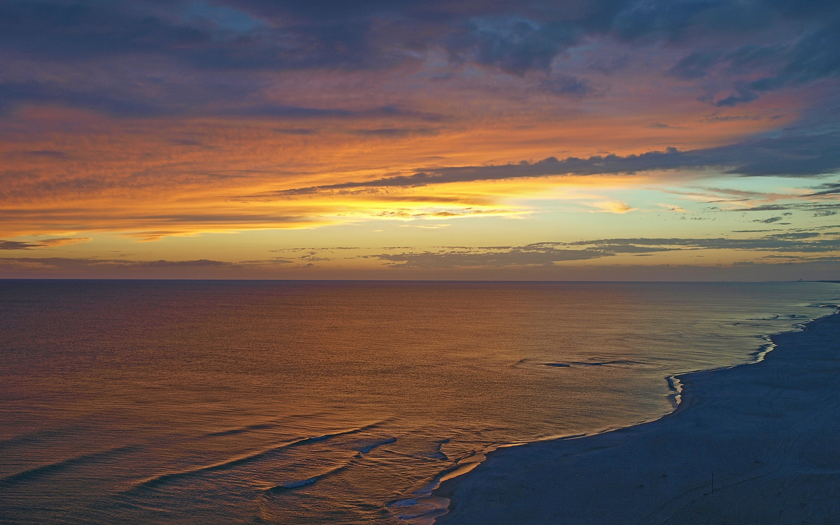 Beach, sunset, calm sea, clouds, sky, 2880x1800 wallpaper