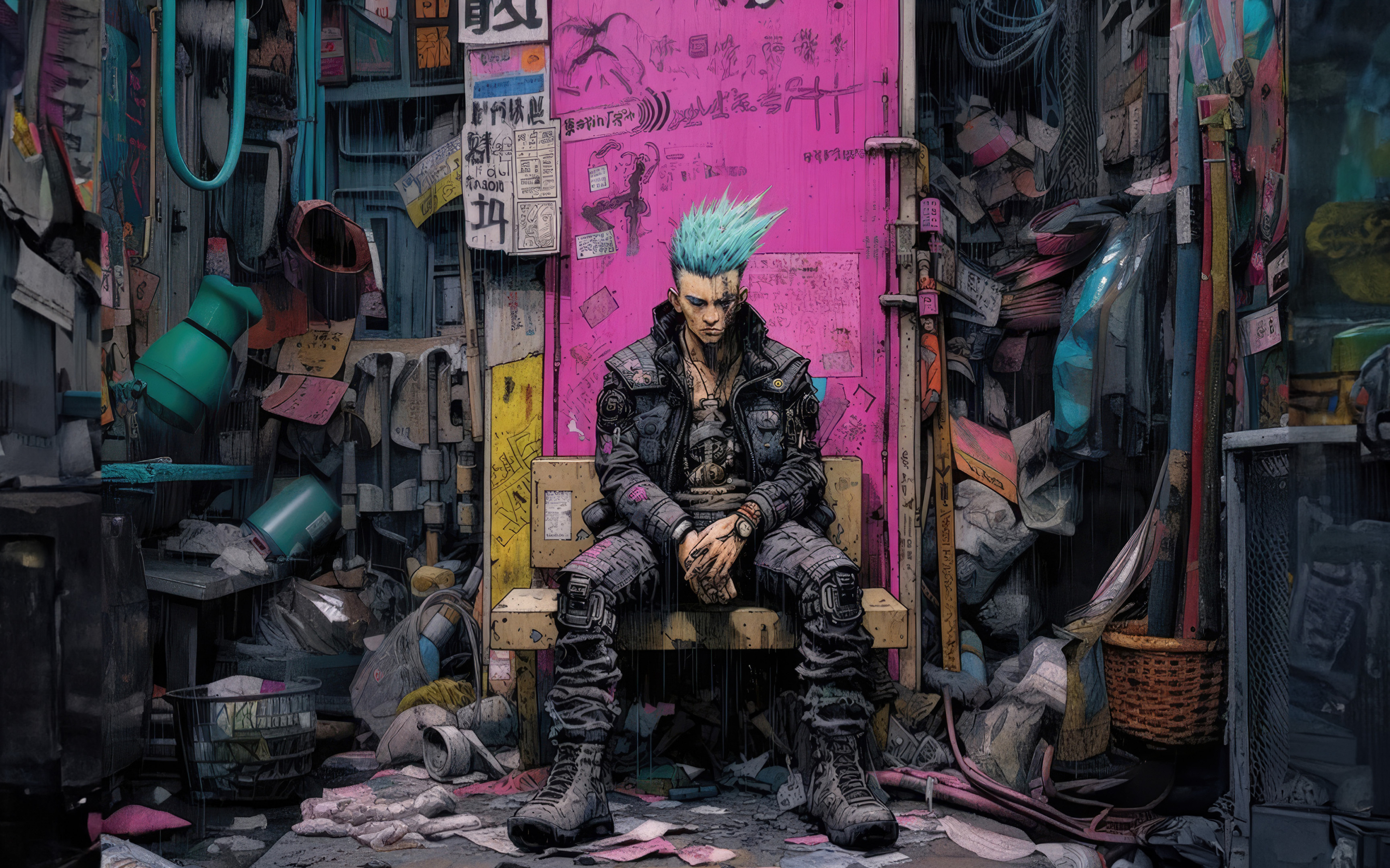 Cyberpunk's boy with loneliness, art, 2880x1800 wallpaper