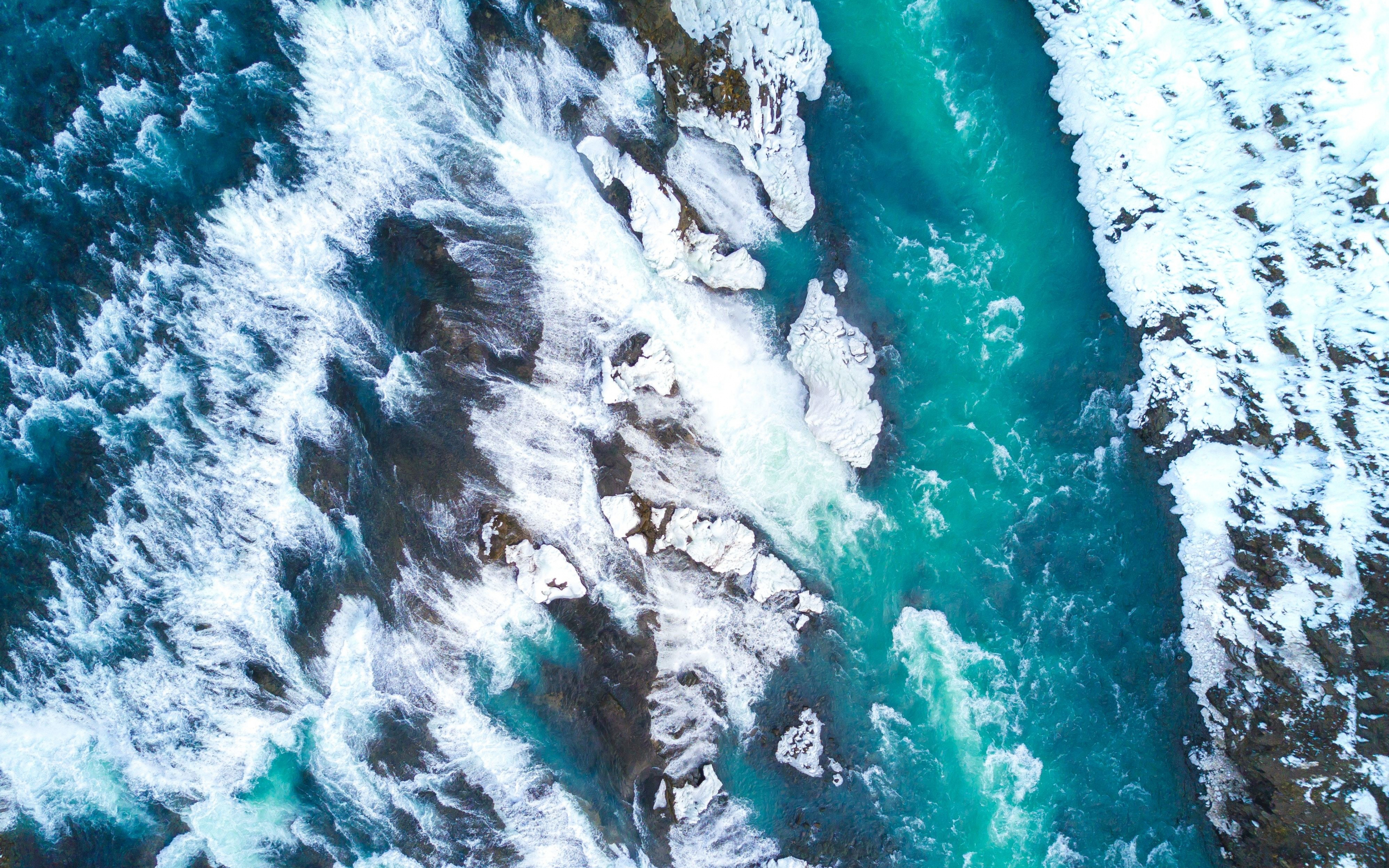 Gullfoss, waterfalls, iceland, river, aerial view, 2880x1800 wallpaper