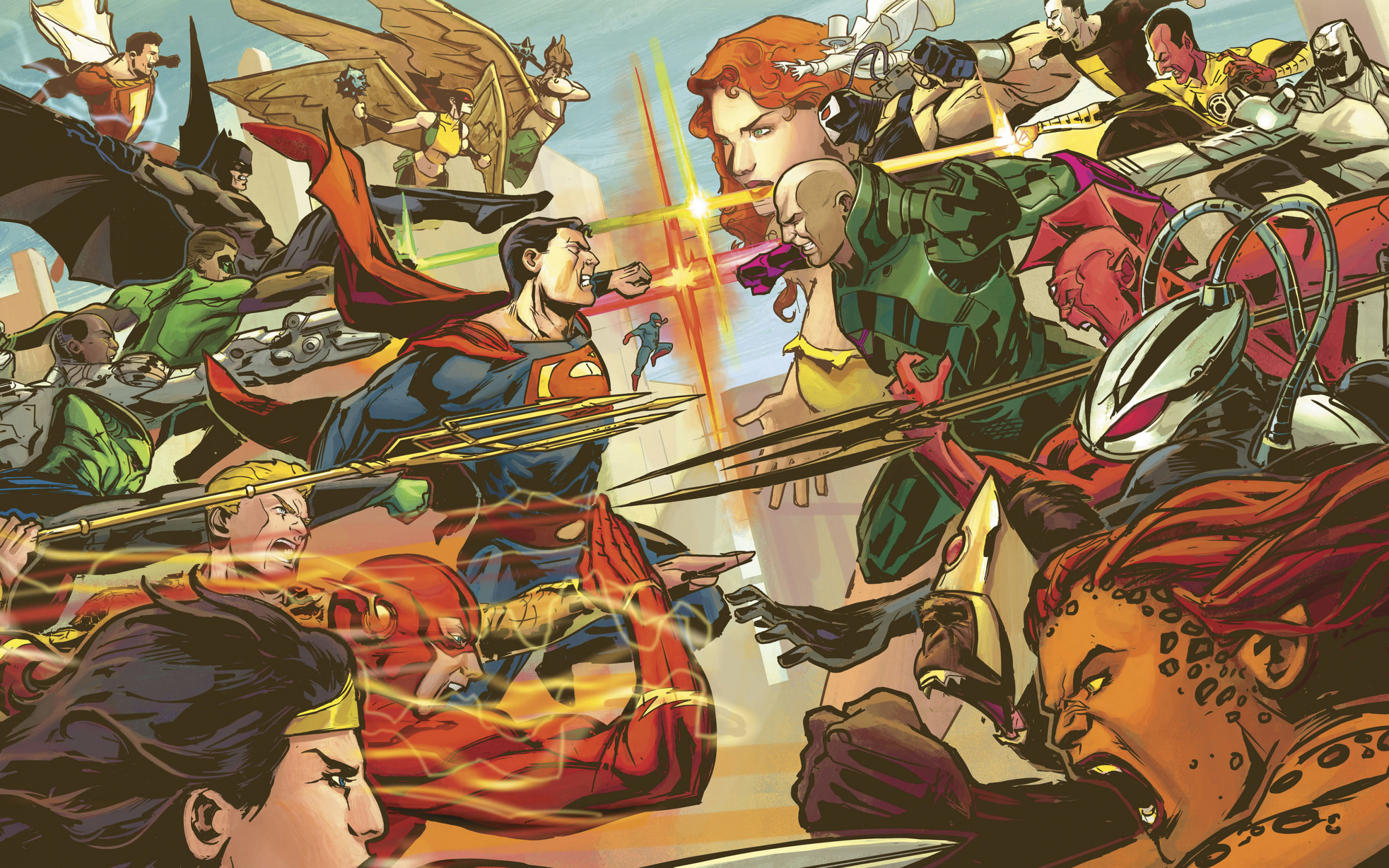 Justice league, superheroes vs villains, comics, 2880x1800 wallpaper