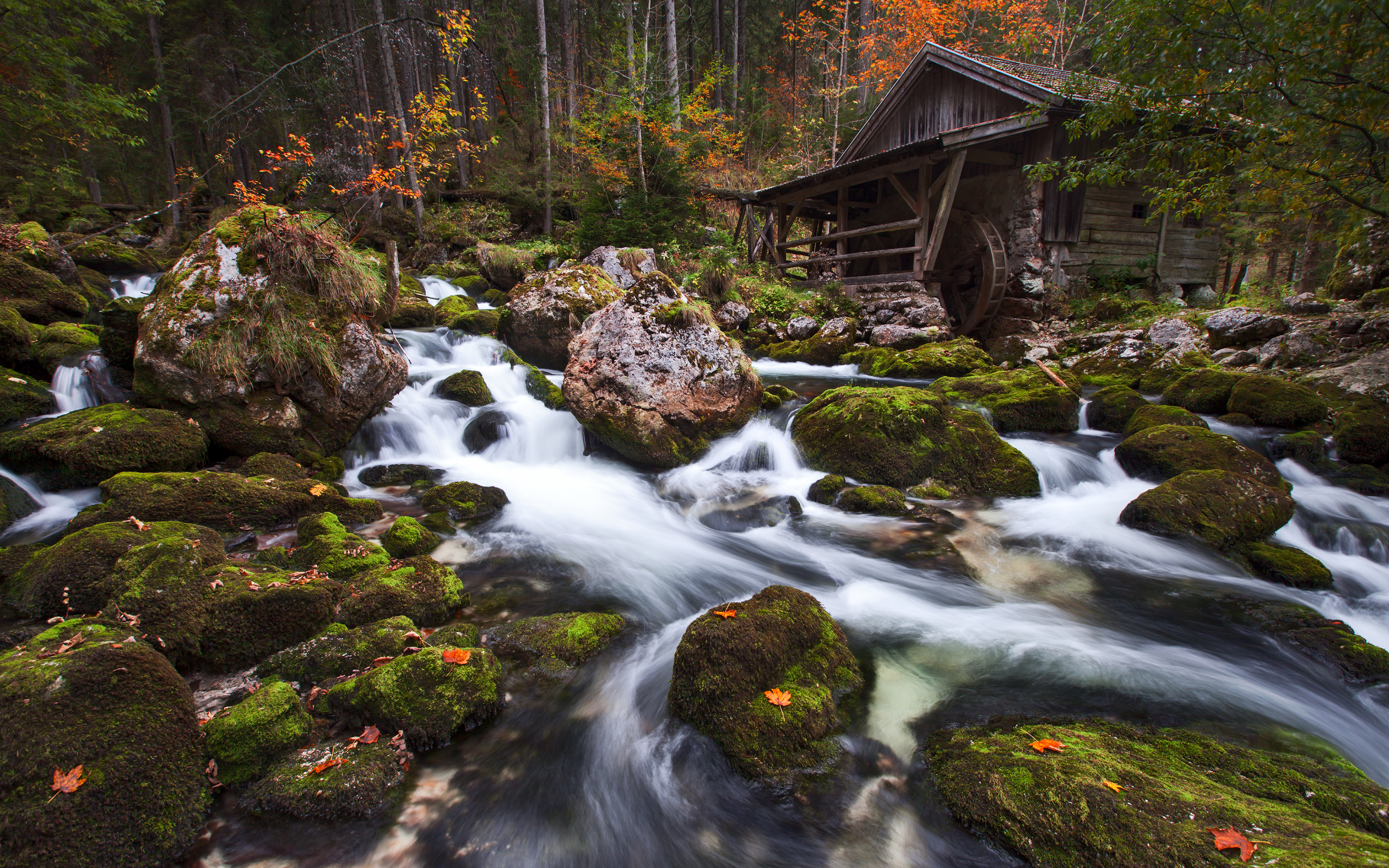 Waterfall, stream, nature, forest, wooden hut, landscape, 2880x1800 wallpaper