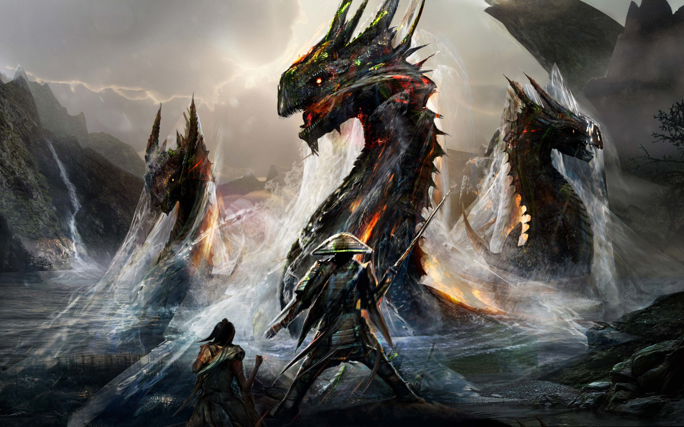 Dragons and ninjas, warriors, art, fantasy, 2880x1800 wallpaper