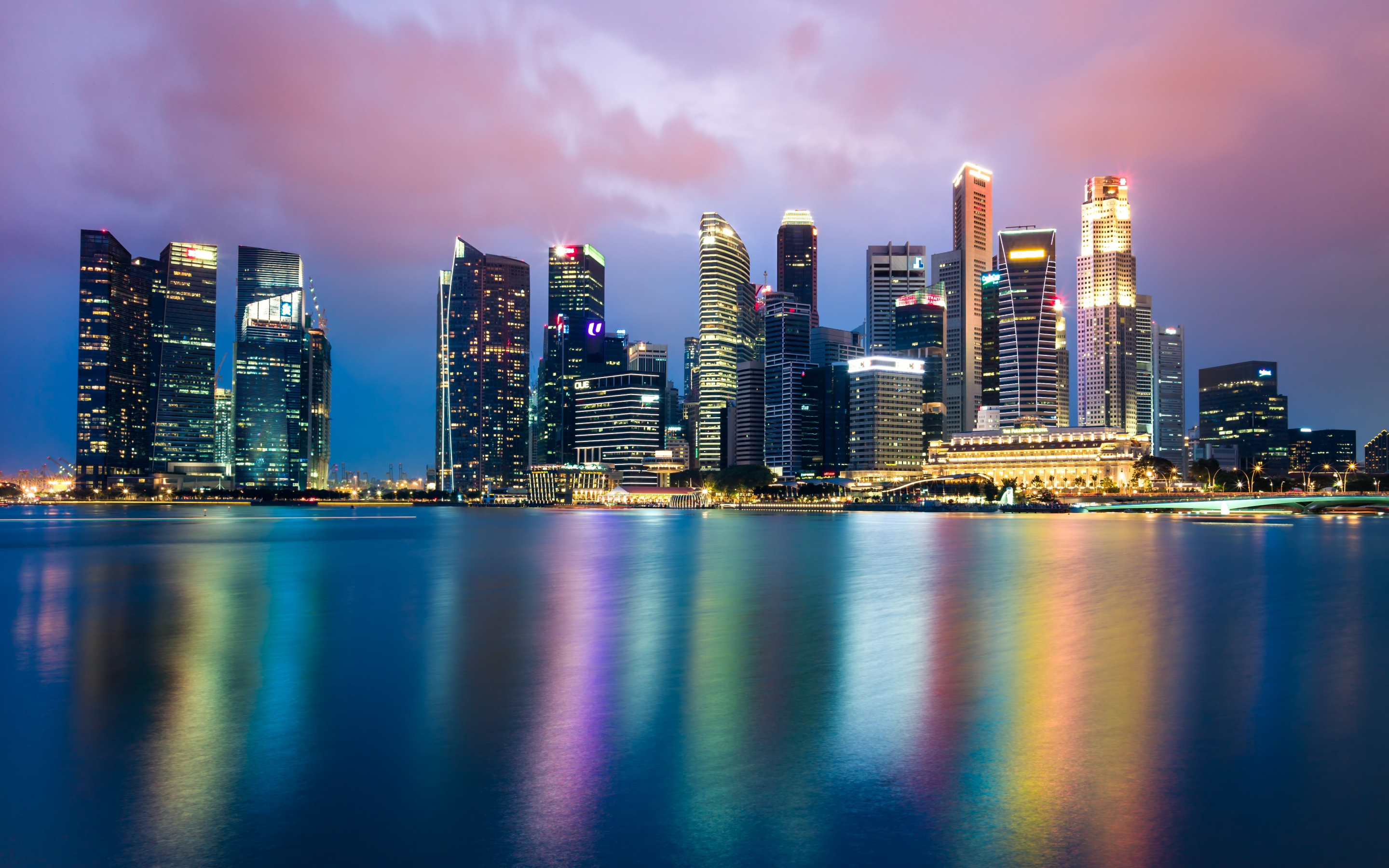 Singapore, cityscape, skyline, reflections, night, 2880x1800 wallpaper