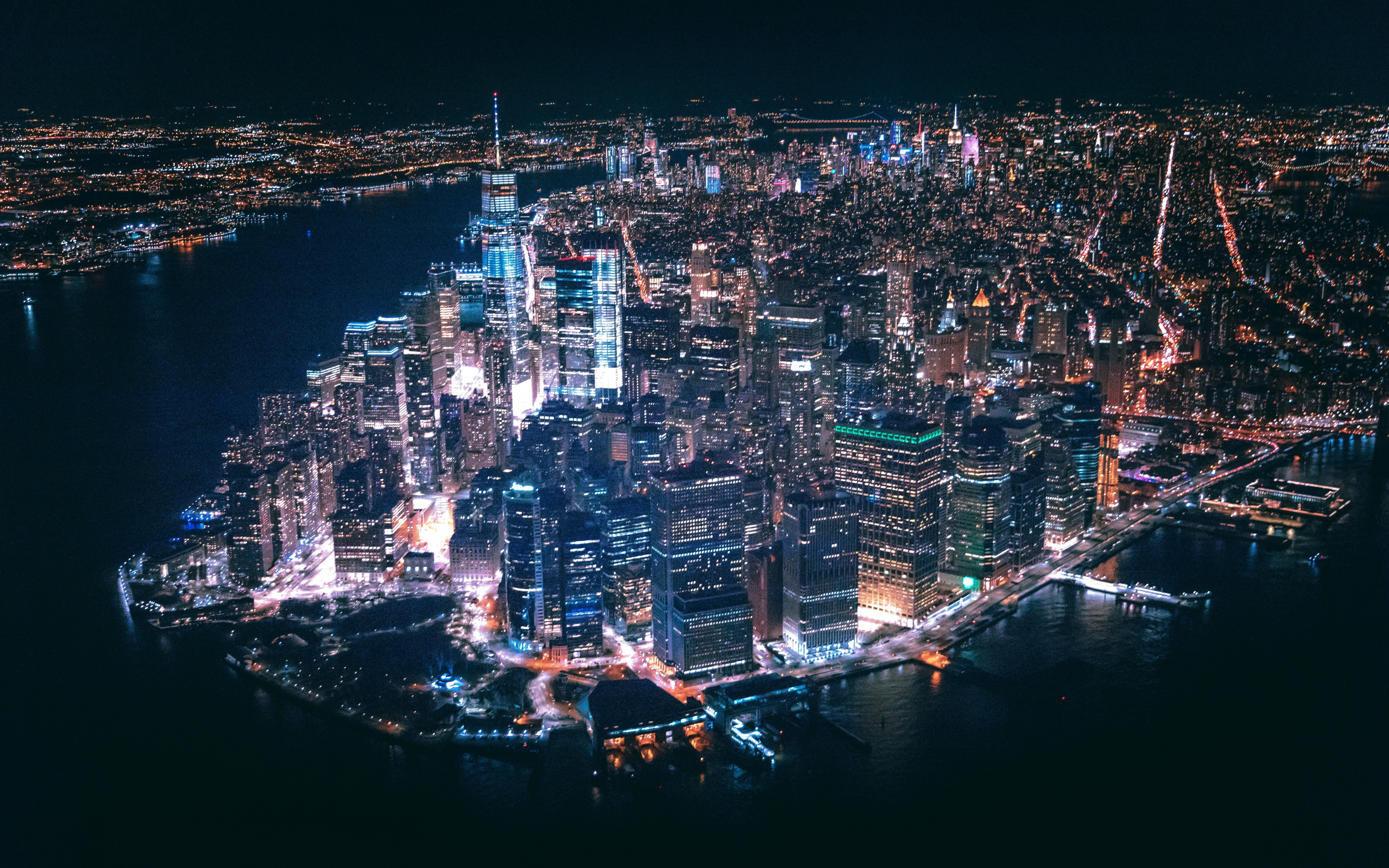 Cityscape, buildings, New York, aerial view, night, 2880x1800 wallpaper