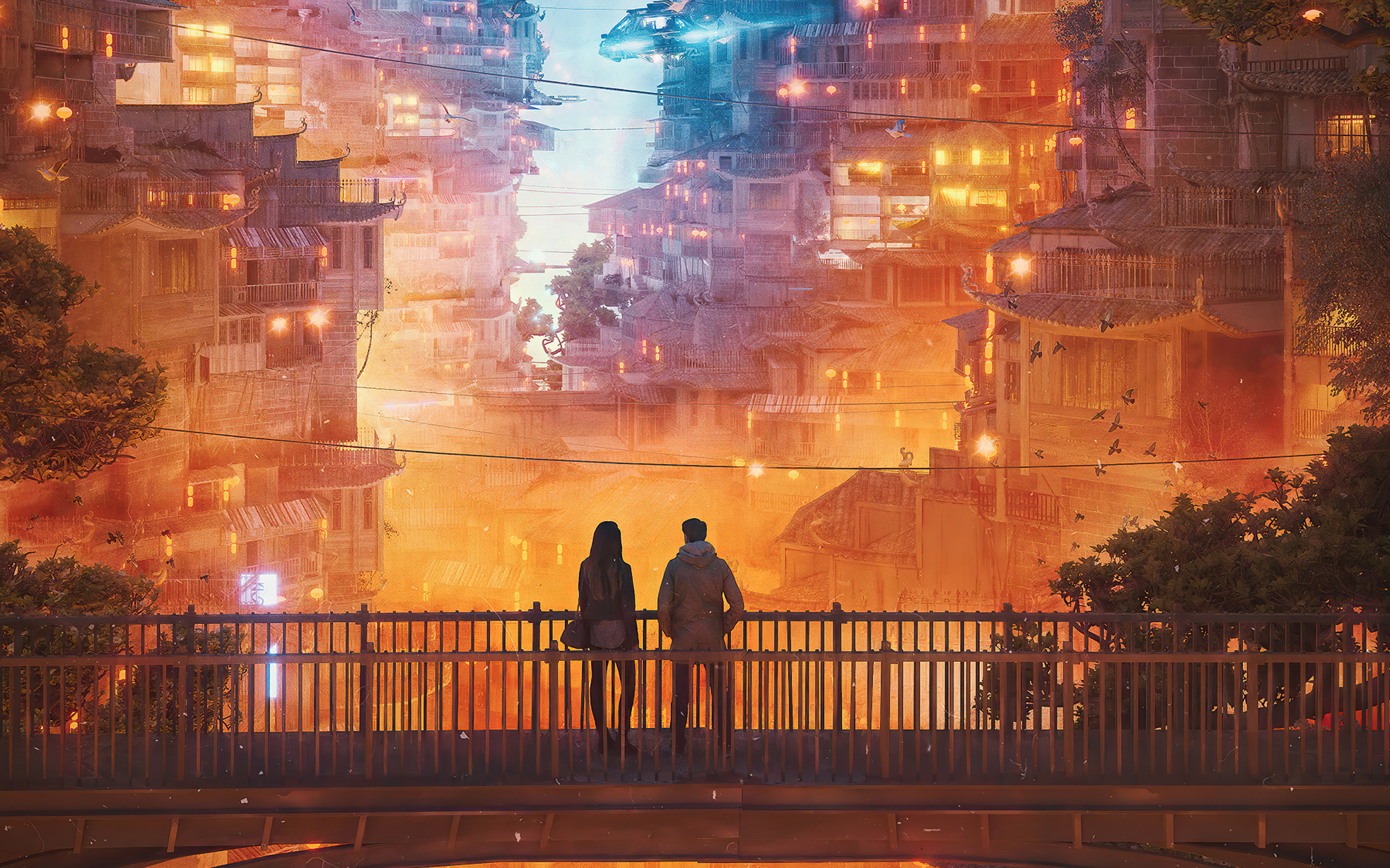 Star City, futuristic city, couple, artwork, 2880x1800 wallpaper